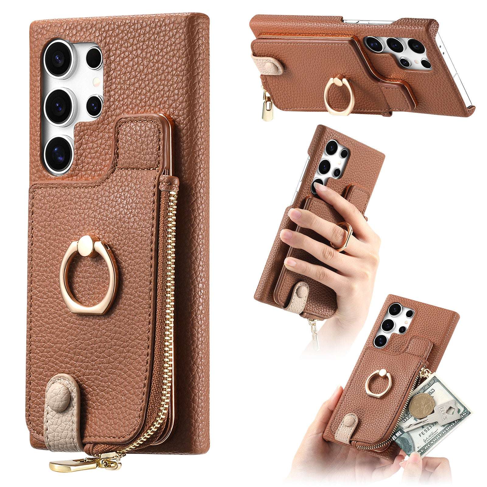 Y3 for Samsung Galaxy S24 Ultra Case Zipper Leather Phone Cover RFID Blocking Ring Kickstand