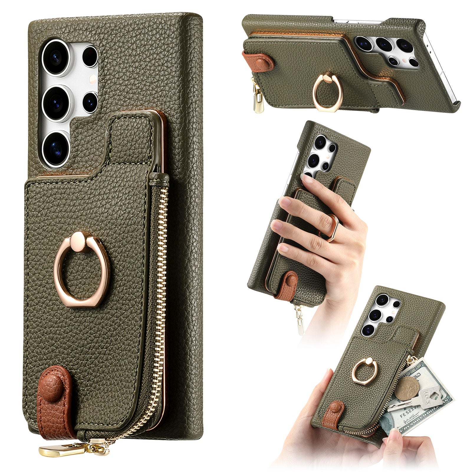 Y3 for Samsung Galaxy S24 Ultra Case Zipper Leather Phone Cover RFID Blocking Ring Kickstand