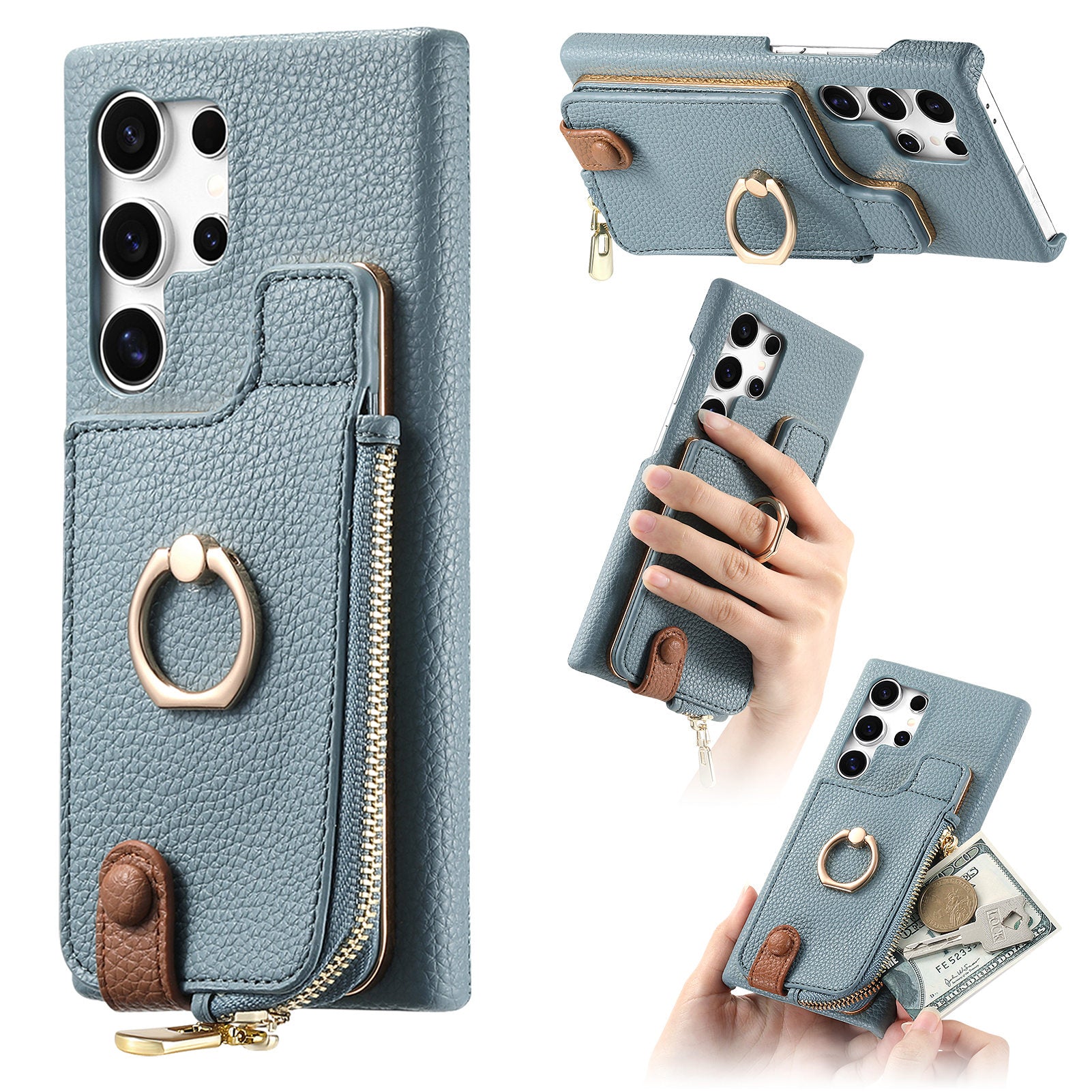 Y3 for Samsung Galaxy S24 Ultra Case Zipper Leather Phone Cover RFID Blocking Ring Kickstand