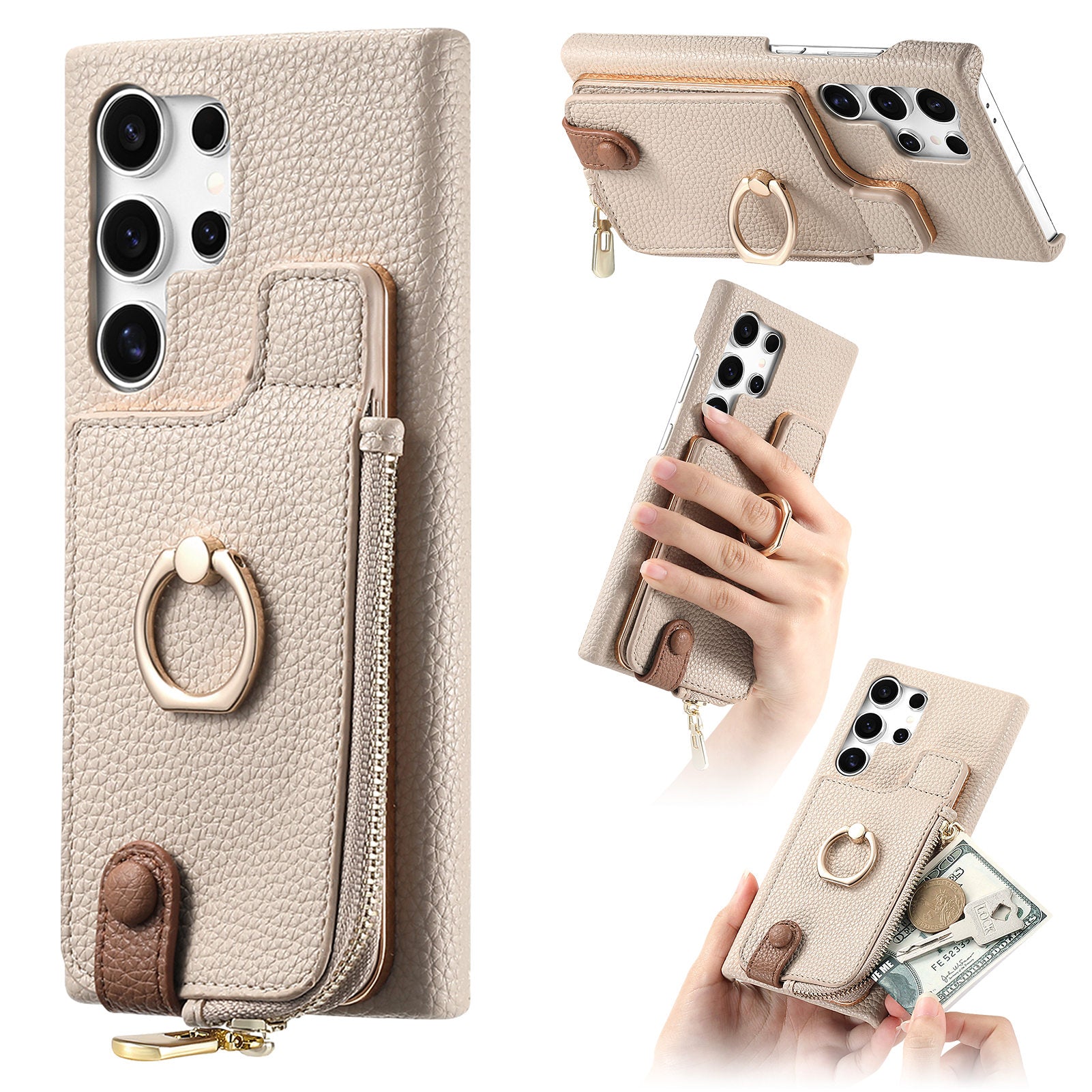 Y3 for Samsung Galaxy S24 Ultra Case Zipper Leather Phone Cover RFID Blocking Ring Kickstand