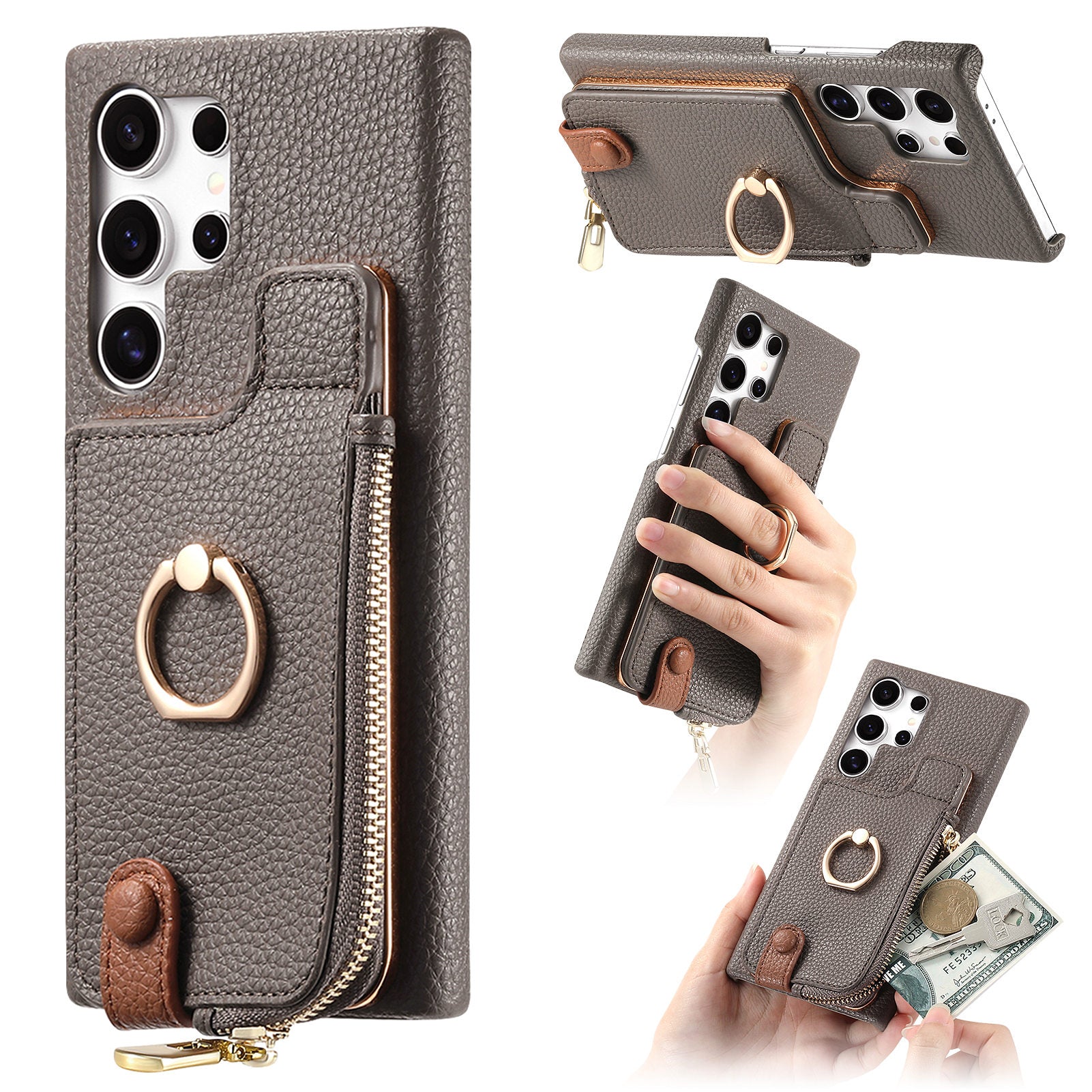 Y3 for Samsung Galaxy S24 Ultra Case Zipper Leather Phone Cover RFID Blocking Ring Kickstand