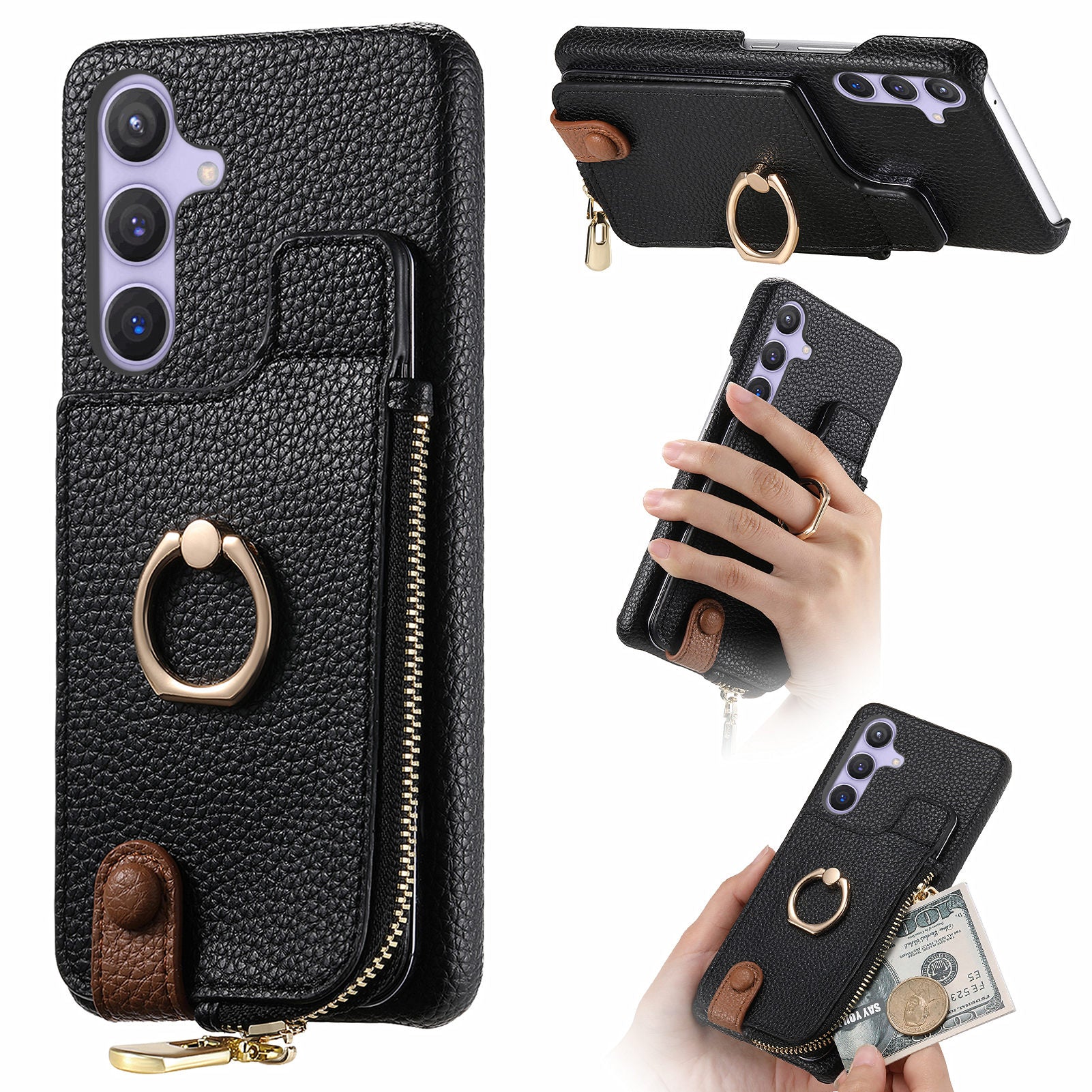 Y3 for Samsung Galaxy S24+ Anti-fall Case Zipper Leather Phone Cover RFID Blocking Ring Kickstand
