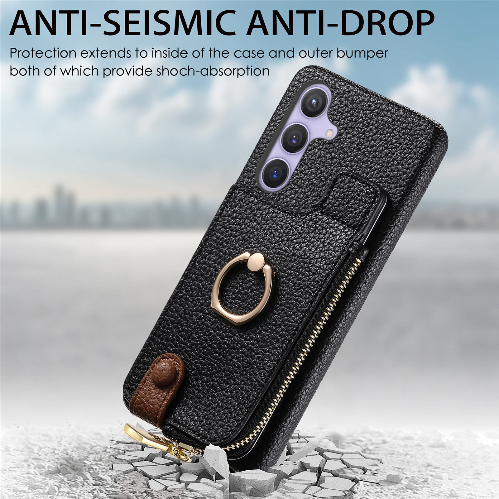 Y3 for Samsung Galaxy S24+ Anti-fall Case Zipper Leather Phone Cover RFID Blocking Ring Kickstand