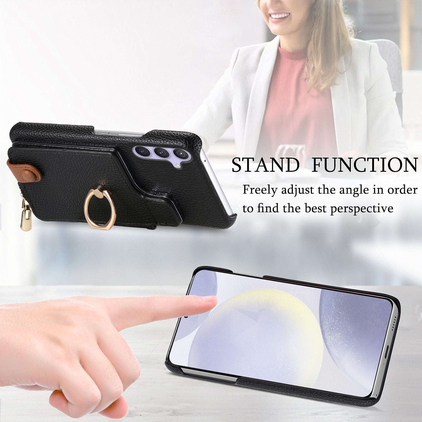 Y3 for Samsung Galaxy S24+ Anti-fall Case Zipper Leather Phone Cover RFID Blocking Ring Kickstand