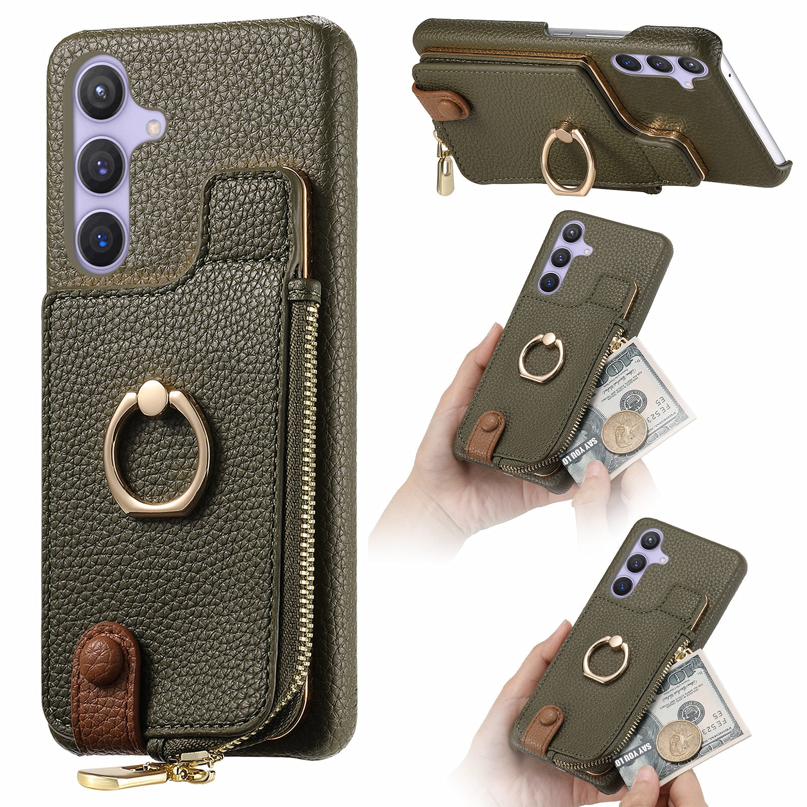 Y3 for Samsung Galaxy S24+ Anti-fall Case Zipper Leather Phone Cover RFID Blocking Ring Kickstand