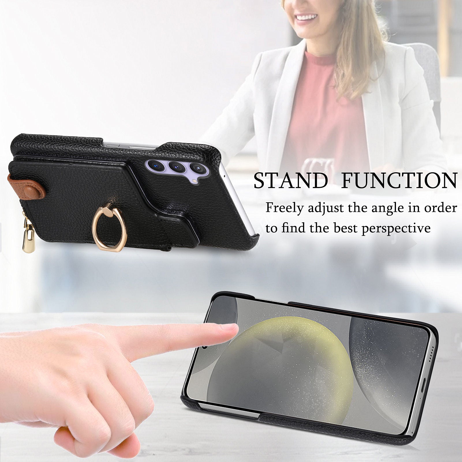 Y3 for Samsung Galaxy S24 RFID Blocking Case Ring Kickstand Zipper Leather Phone Cover