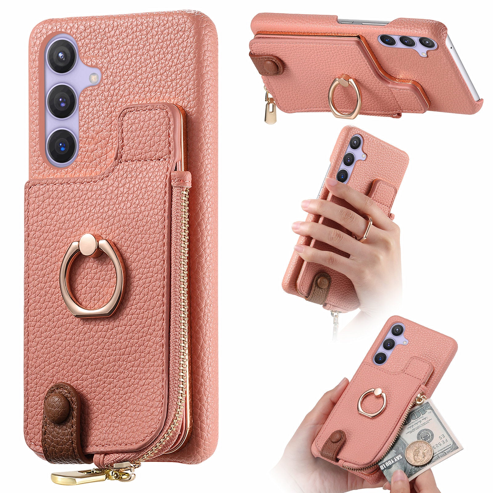 Y3 for Samsung Galaxy S24 RFID Blocking Case Ring Kickstand Zipper Leather Phone Cover