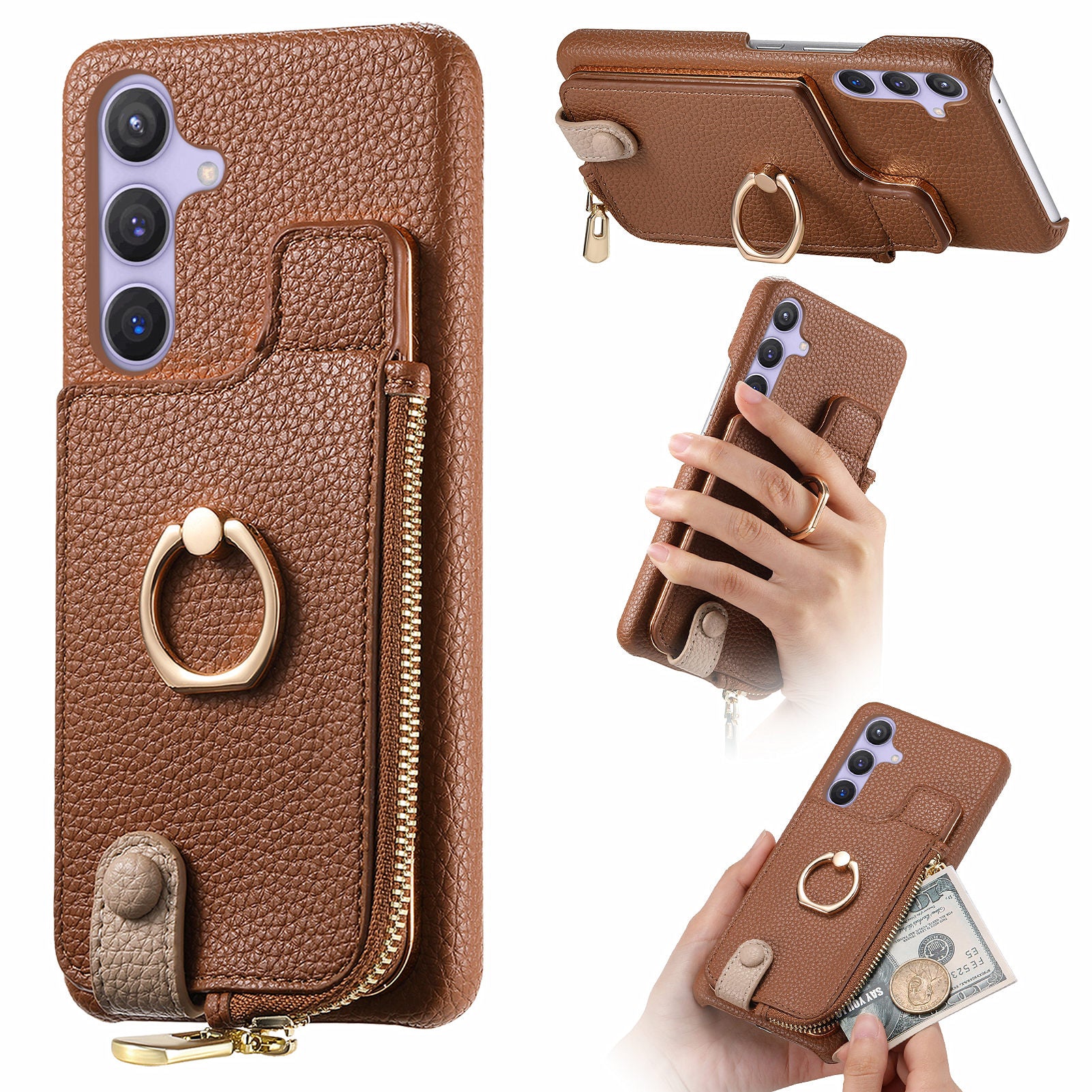 Y3 for Samsung Galaxy S24 RFID Blocking Case Ring Kickstand Zipper Leather Phone Cover