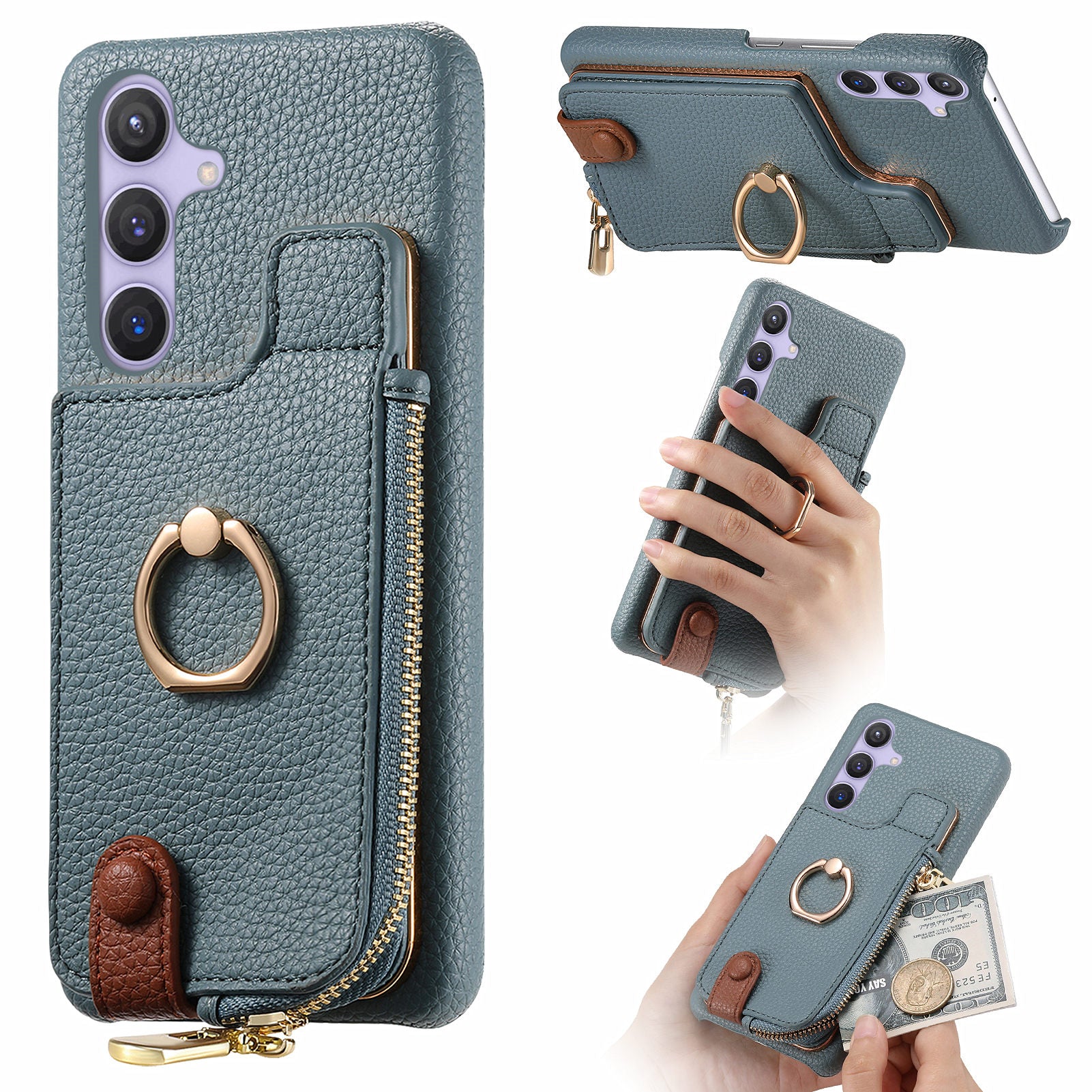 Y3 for Samsung Galaxy S24 RFID Blocking Case Ring Kickstand Zipper Leather Phone Cover