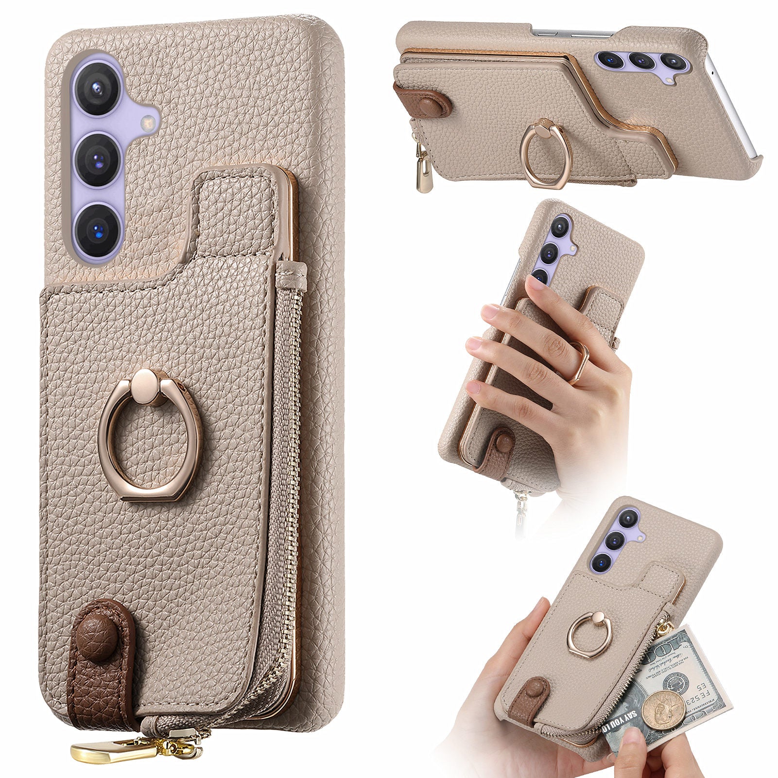 Y3 for Samsung Galaxy S24 RFID Blocking Case Ring Kickstand Zipper Leather Phone Cover