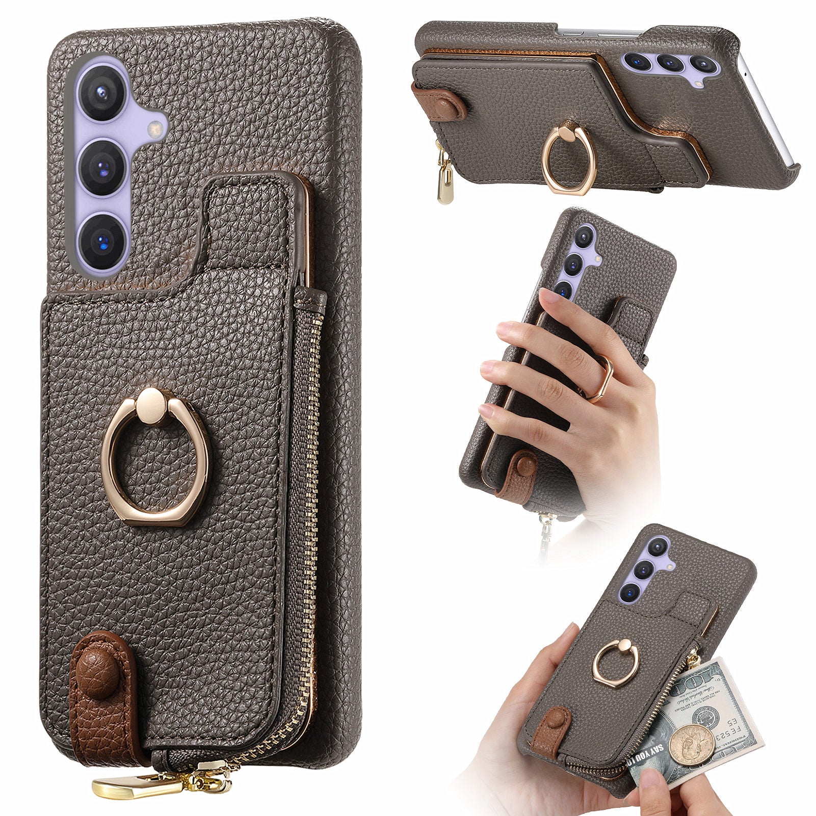 Y3 for Samsung Galaxy S24 RFID Blocking Case Ring Kickstand Zipper Leather Phone Cover