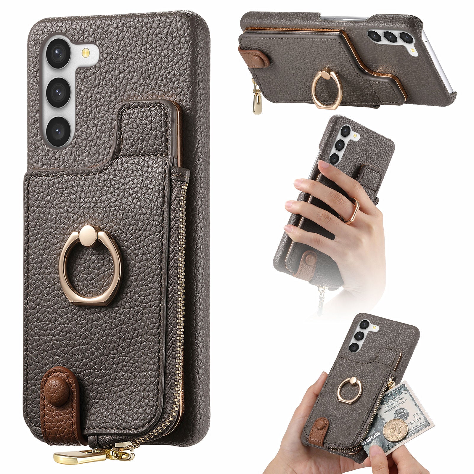 Y3 For Samsung Galaxy S23 Case Zipper RFID Blocking Ring Kickstand Phone Back Cover