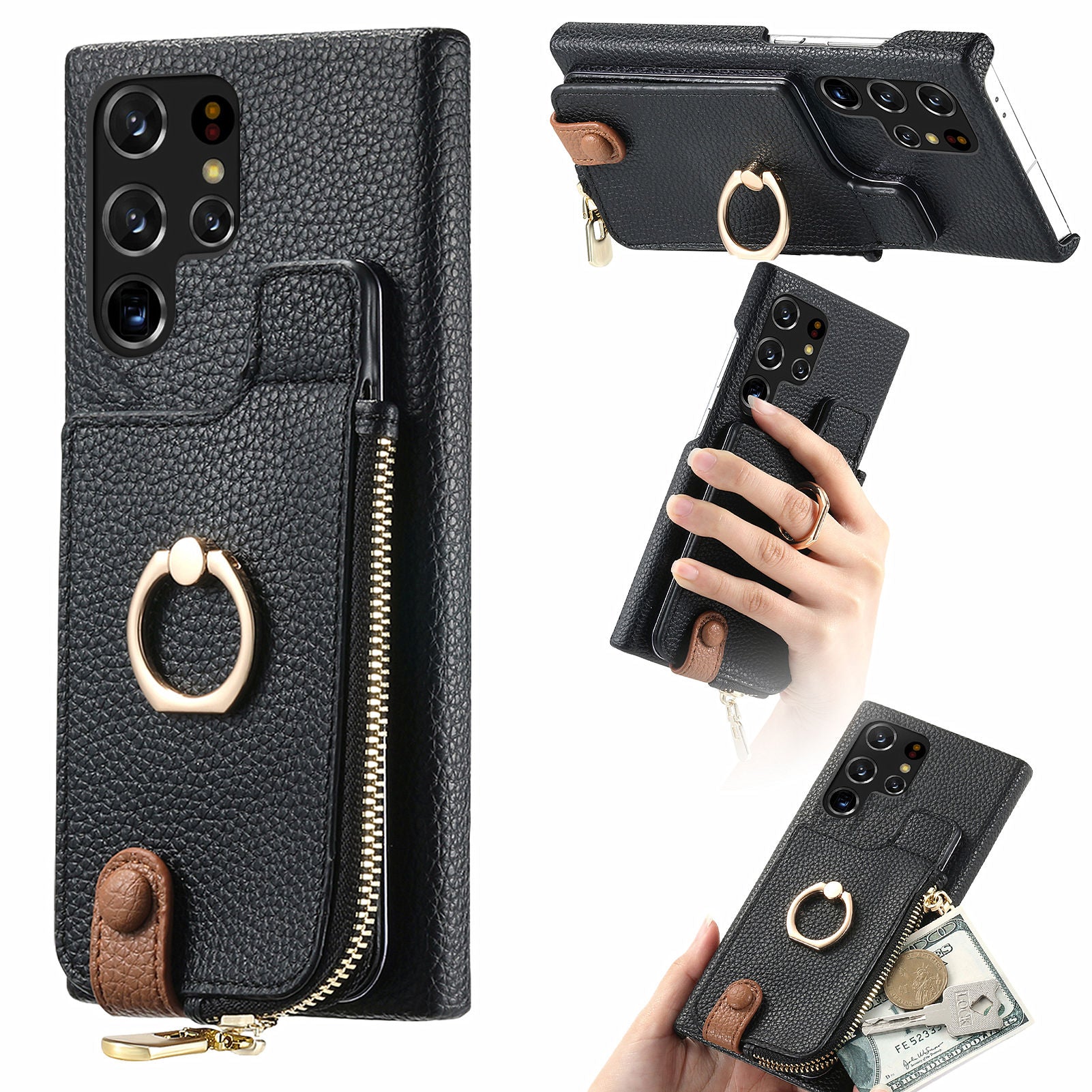 Y3 for Samsung Galaxy S22 Ultra 5G RFID Blocking Case Ring Kickstand Leather Phone Cover with Zipper Pocket