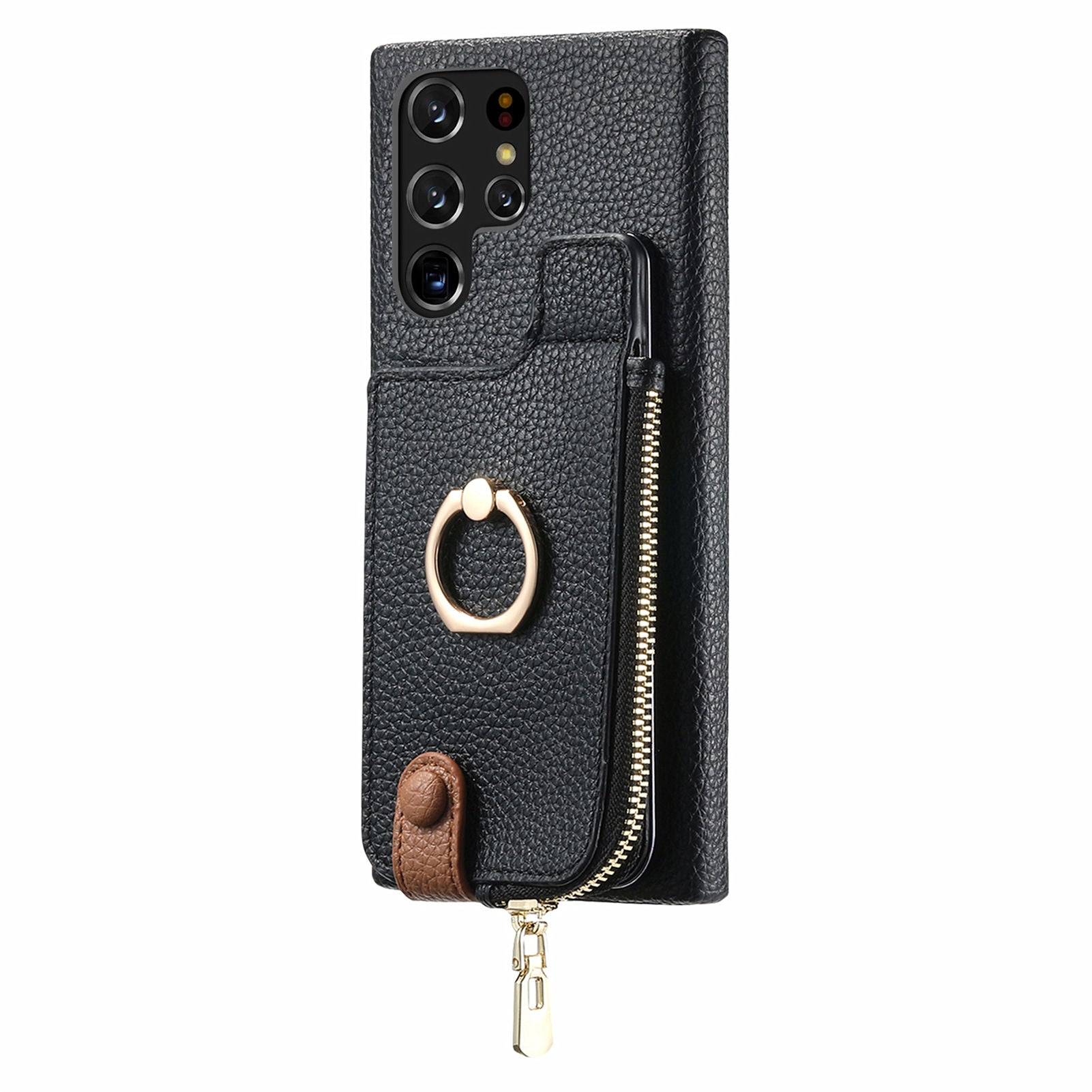 Y3 for Samsung Galaxy S22 Ultra 5G RFID Blocking Case Ring Kickstand Leather Phone Cover with Zipper Pocket
