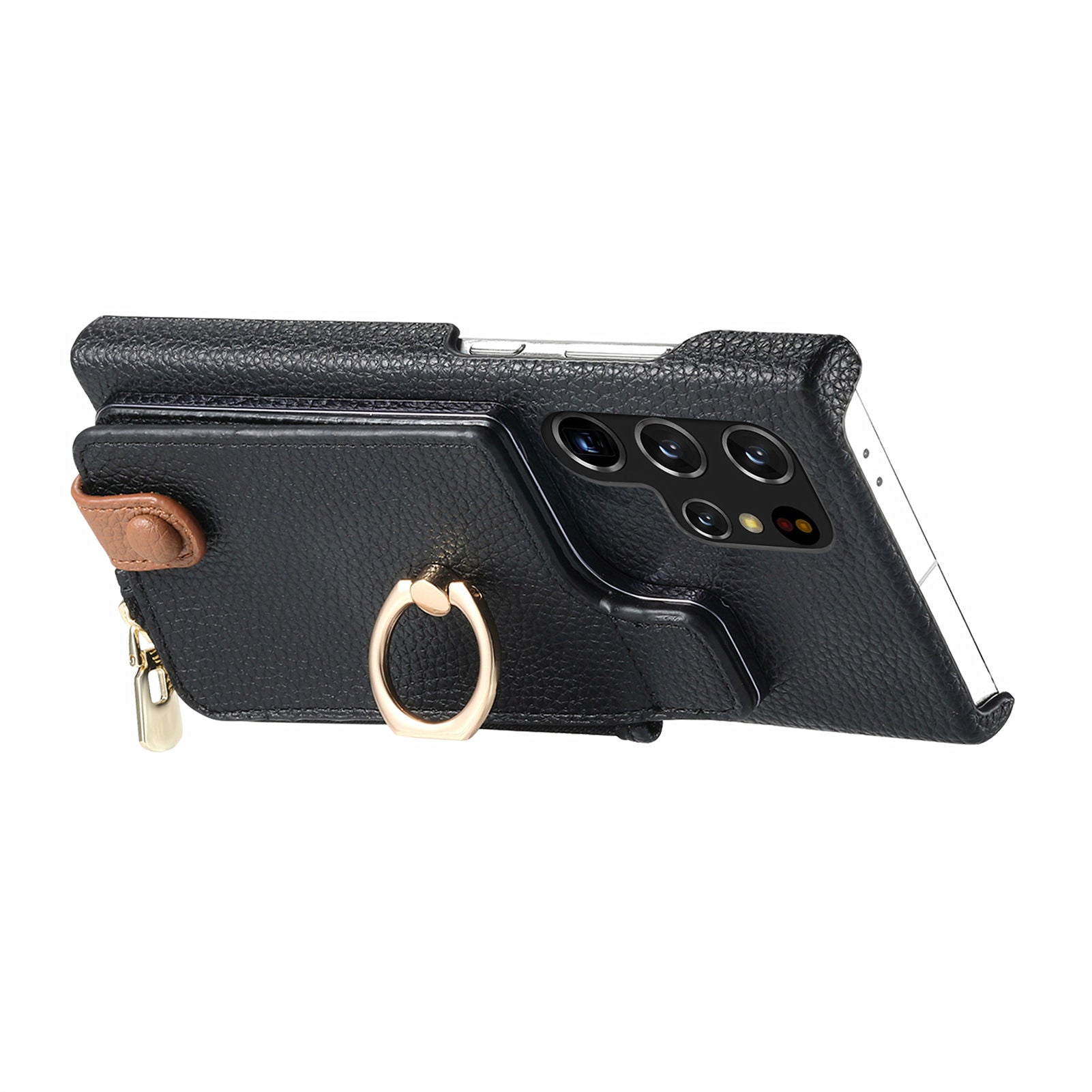 Y3 for Samsung Galaxy S22 Ultra 5G RFID Blocking Case Ring Kickstand Leather Phone Cover with Zipper Pocket