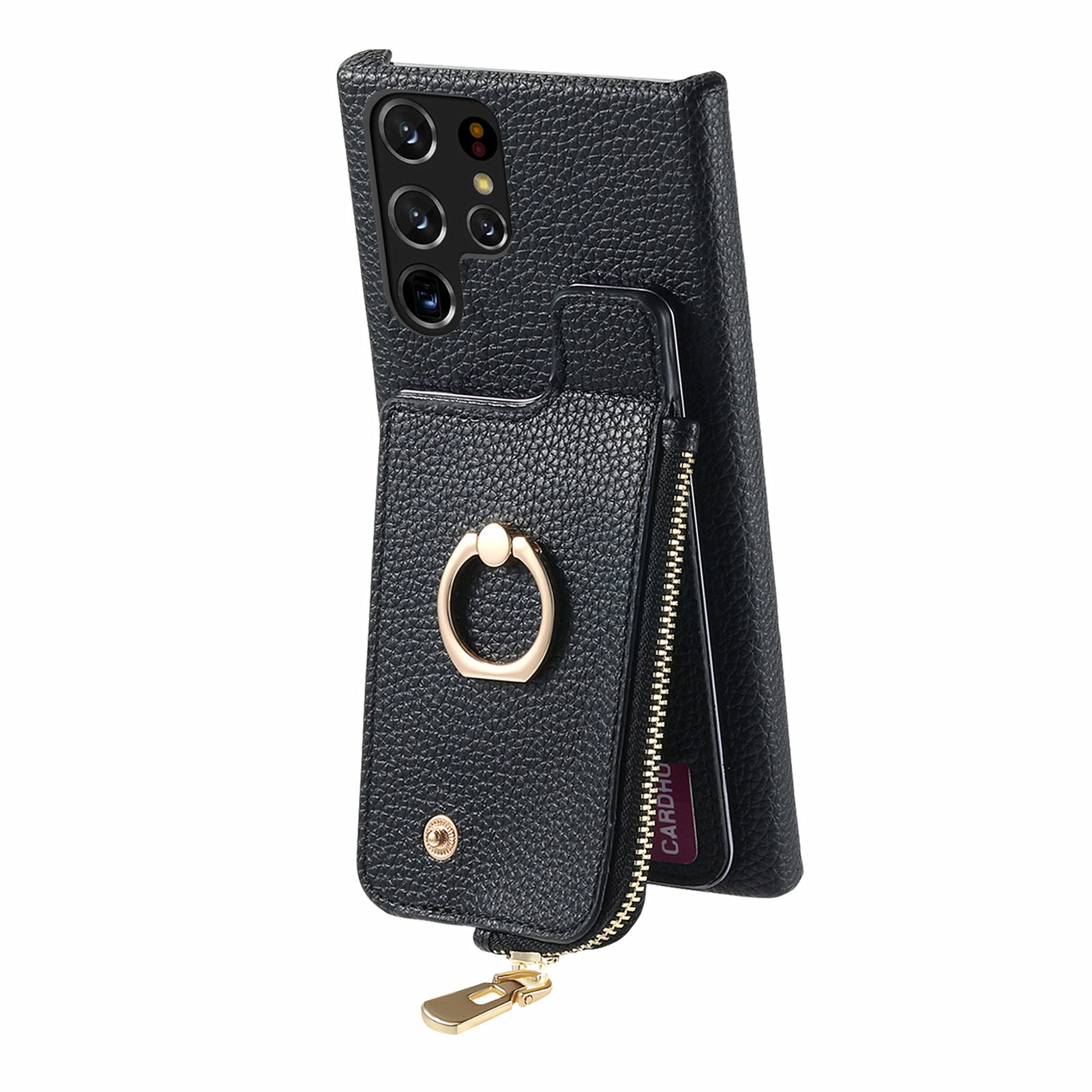 Y3 for Samsung Galaxy S22 Ultra 5G RFID Blocking Case Ring Kickstand Leather Phone Cover with Zipper Pocket