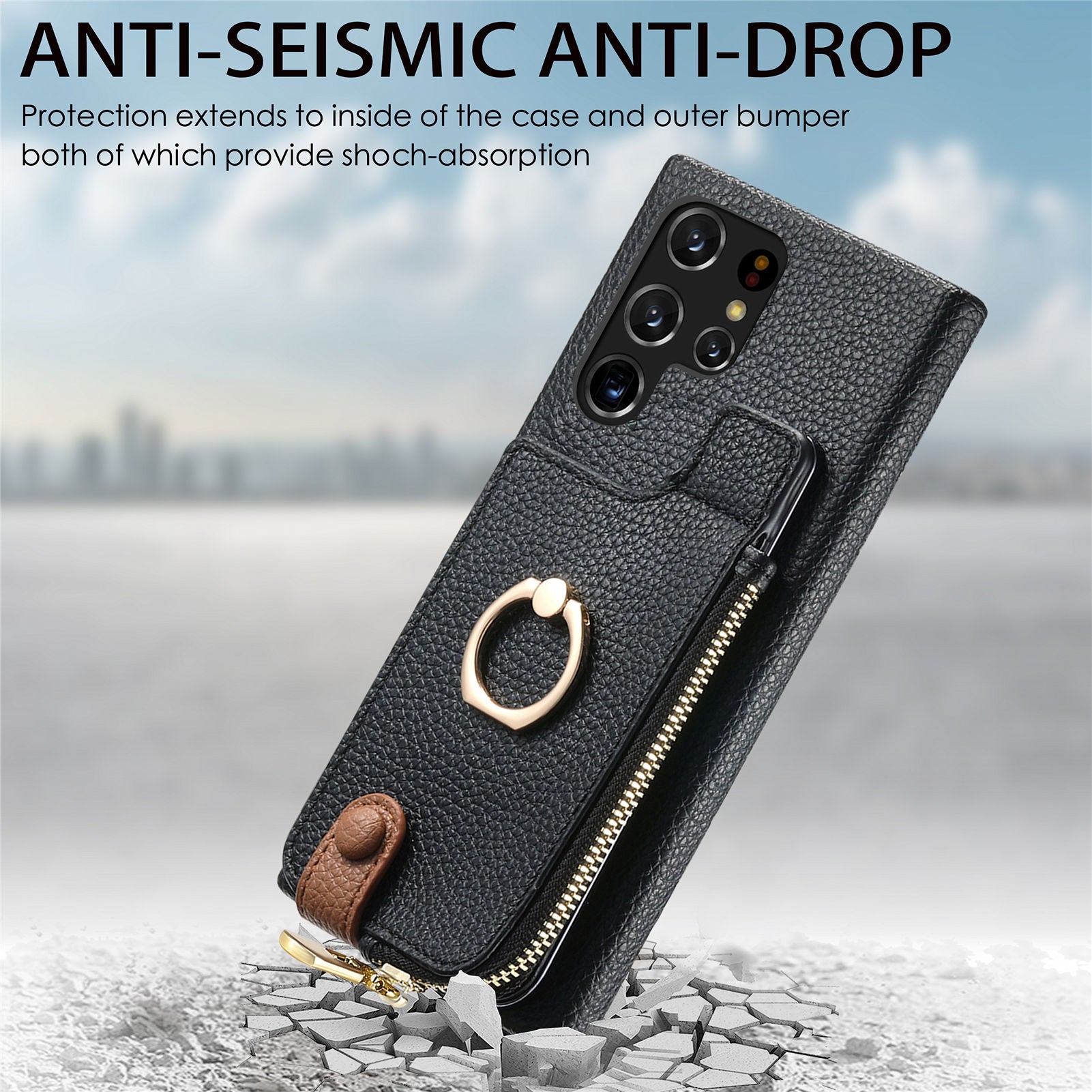 Y3 for Samsung Galaxy S22 Ultra 5G RFID Blocking Case Ring Kickstand Leather Phone Cover with Zipper Pocket