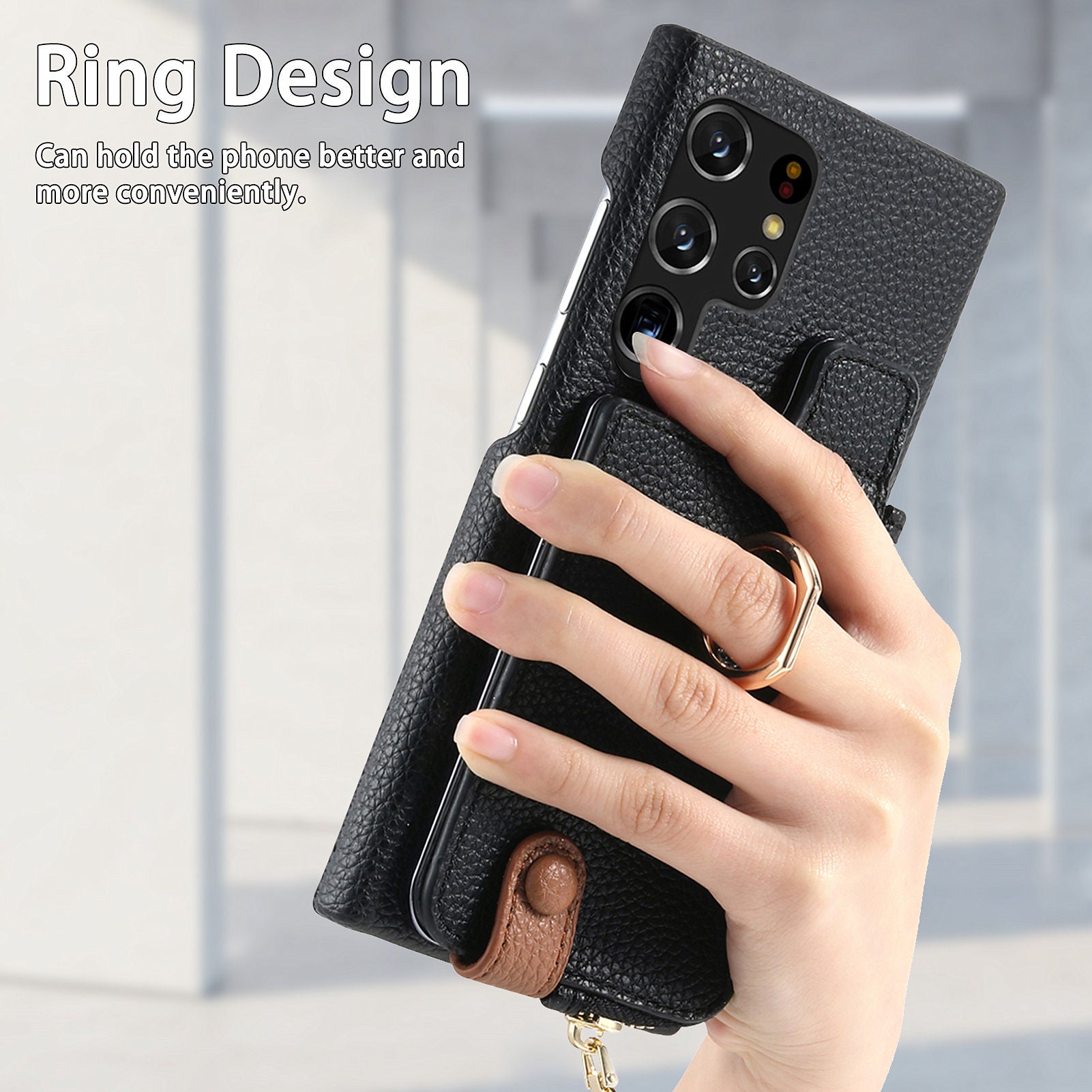 Y3 for Samsung Galaxy S22 Ultra 5G RFID Blocking Case Ring Kickstand Leather Phone Cover with Zipper Pocket