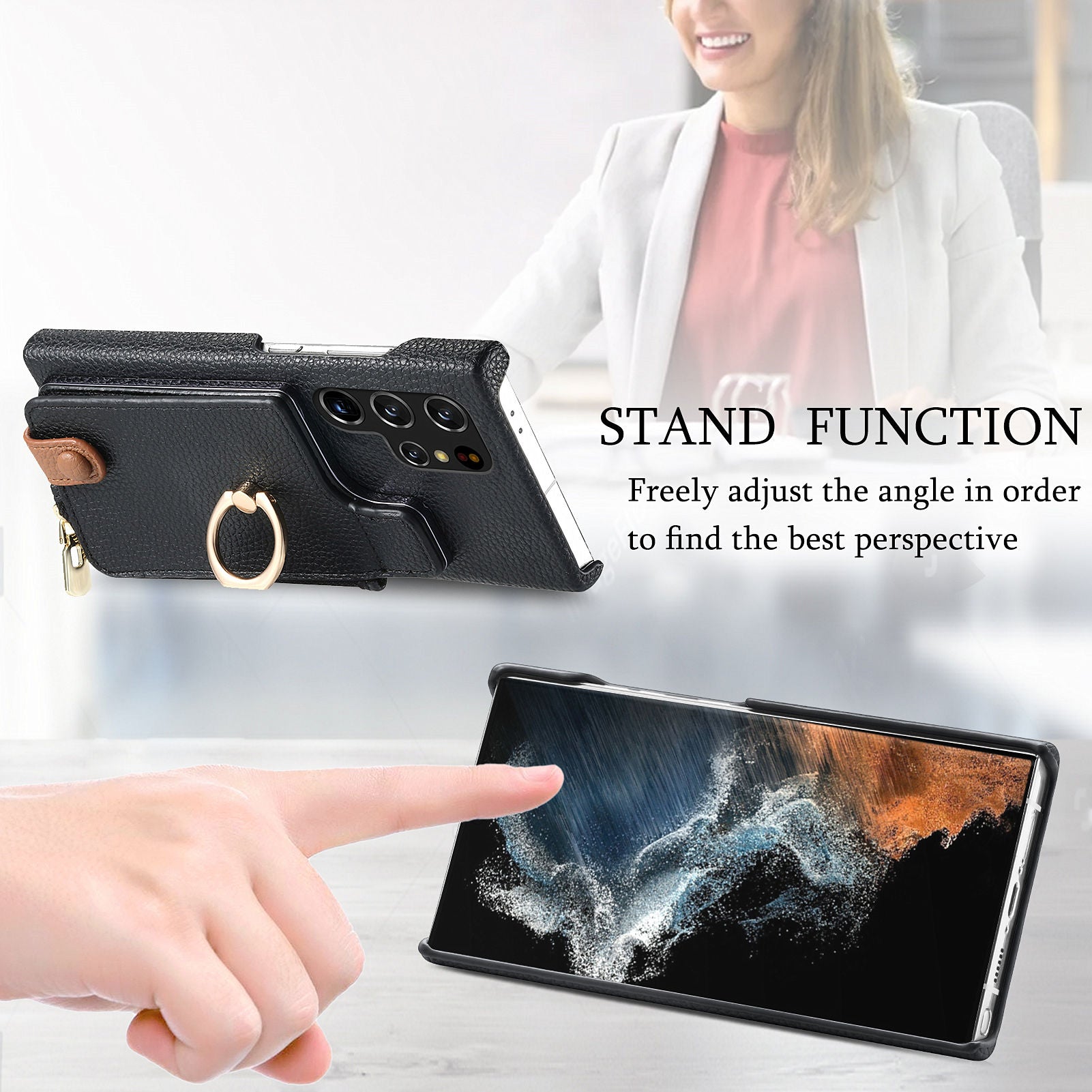 Y3 for Samsung Galaxy S22 Ultra 5G RFID Blocking Case Ring Kickstand Leather Phone Cover with Zipper Pocket
