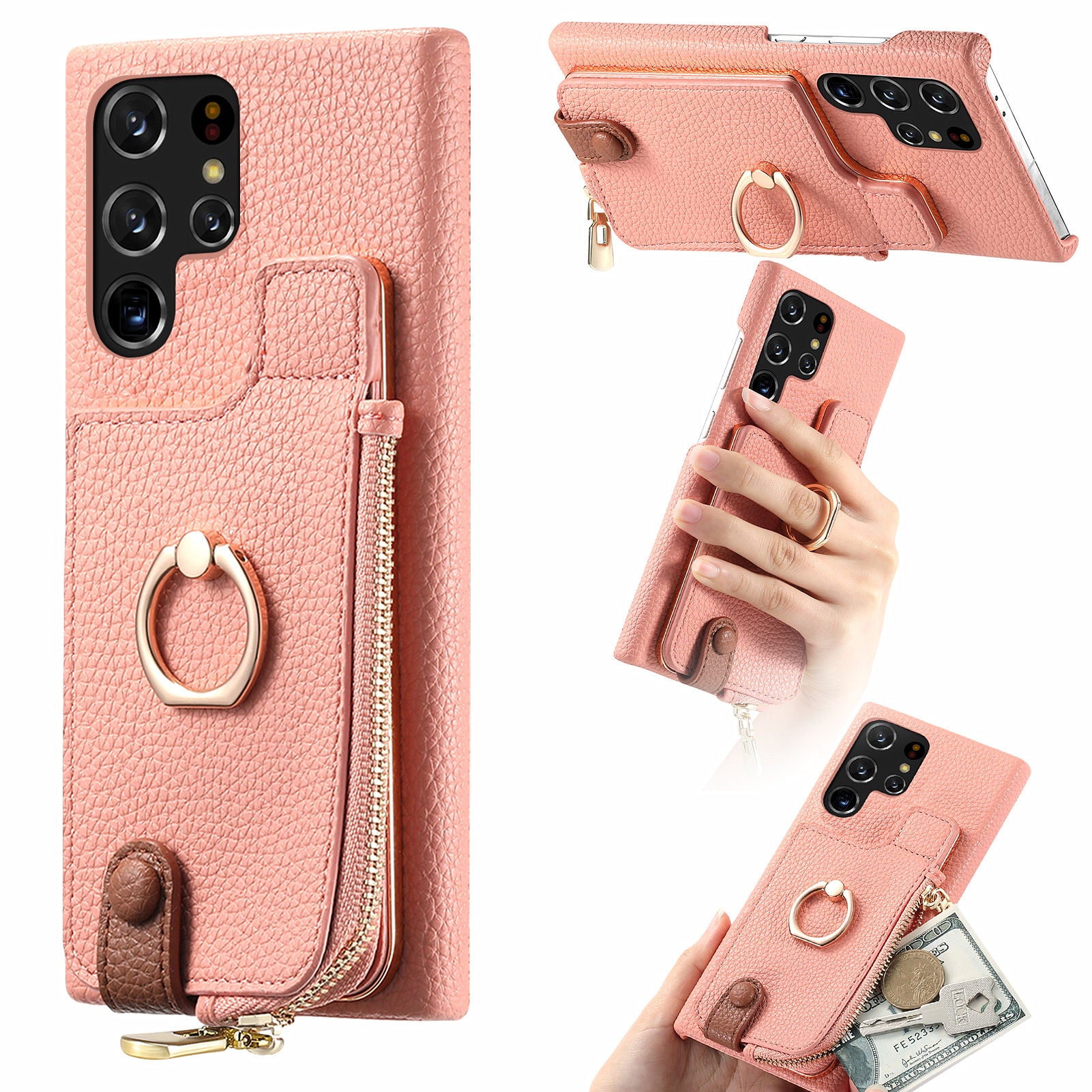 Y3 for Samsung Galaxy S22 Ultra 5G RFID Blocking Case Ring Kickstand Leather Phone Cover with Zipper Pocket