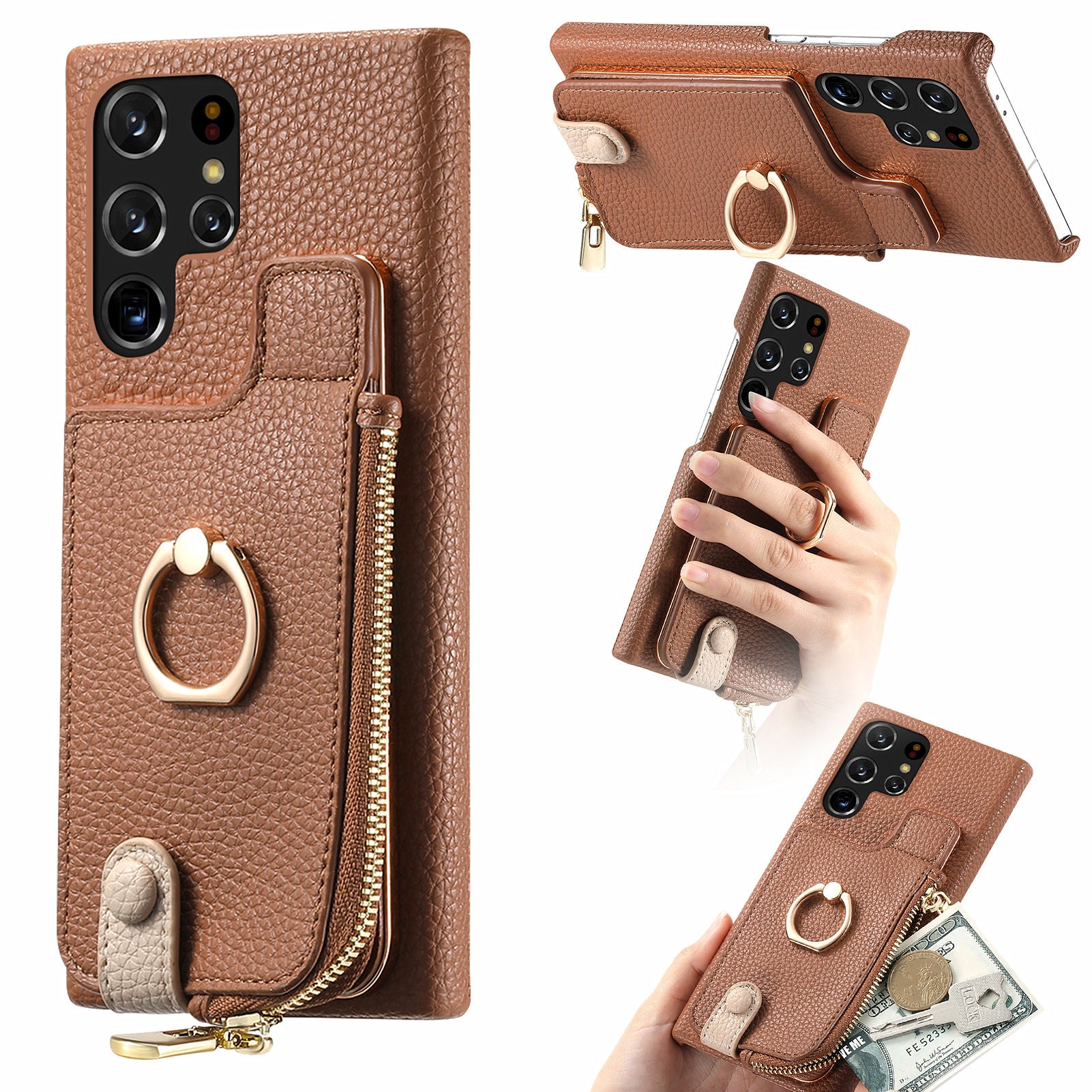 Y3 for Samsung Galaxy S22 Ultra 5G RFID Blocking Case Ring Kickstand Leather Phone Cover with Zipper Pocket