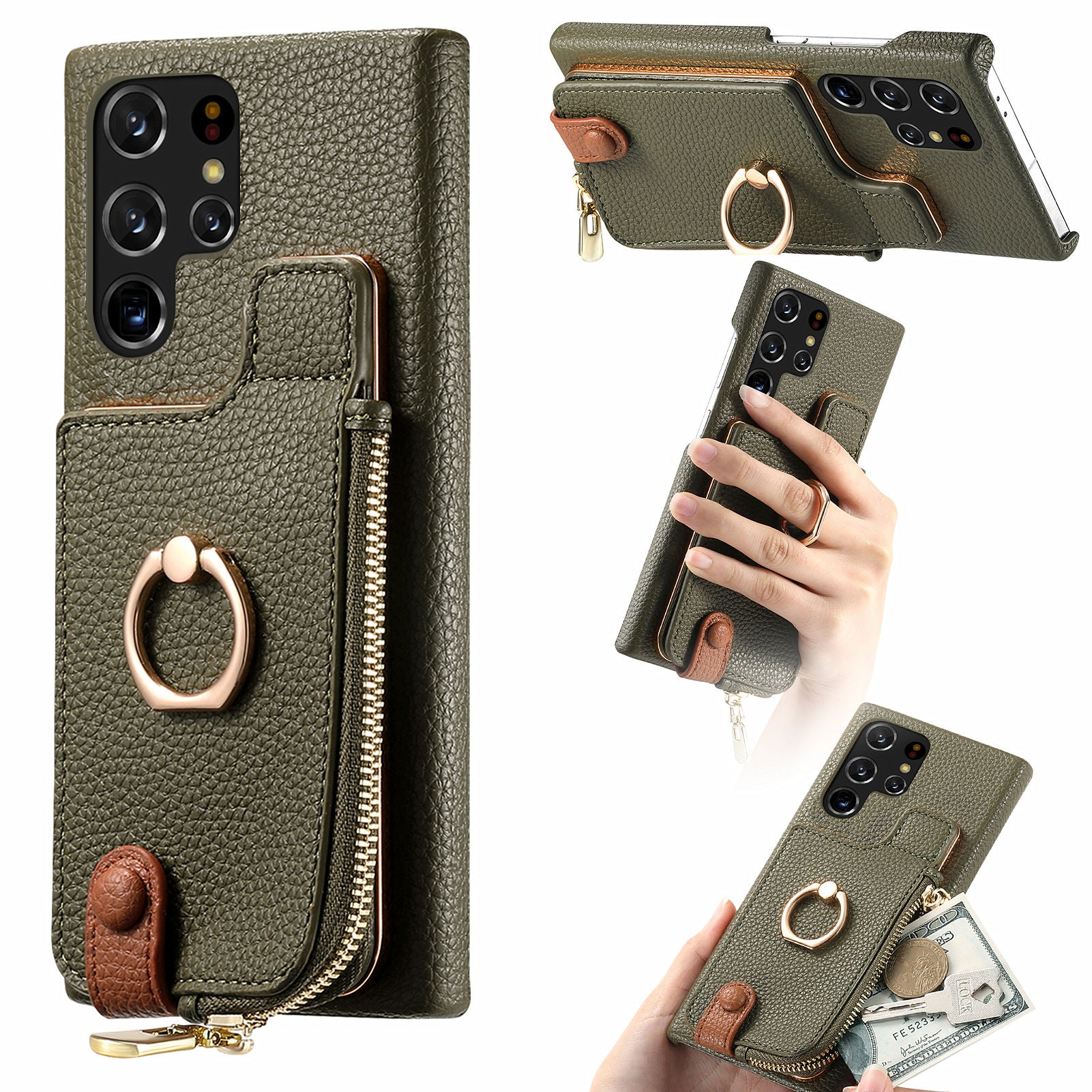 Y3 for Samsung Galaxy S22 Ultra 5G RFID Blocking Case Ring Kickstand Leather Phone Cover with Zipper Pocket
