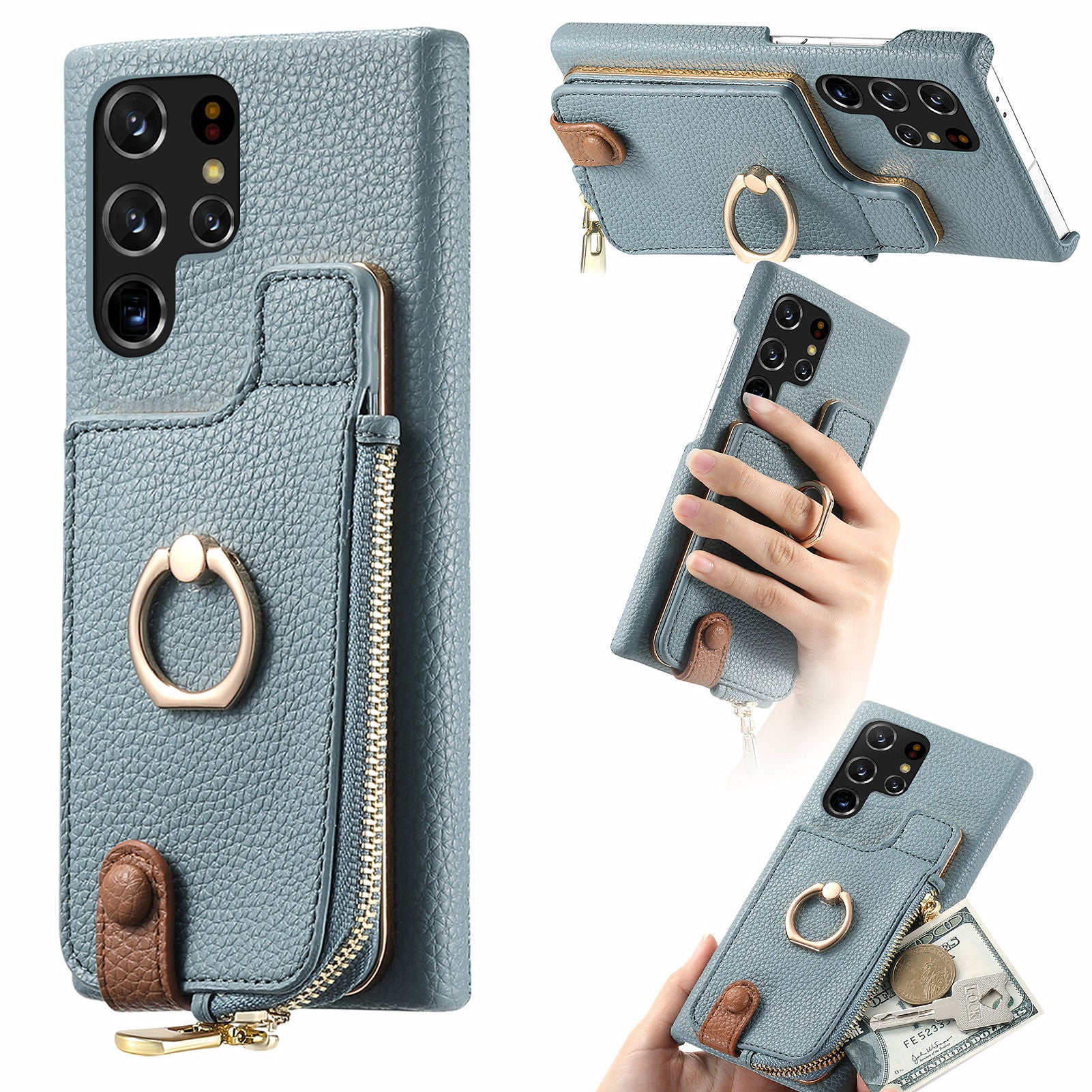 Y3 for Samsung Galaxy S22 Ultra 5G RFID Blocking Case Ring Kickstand Leather Phone Cover with Zipper Pocket