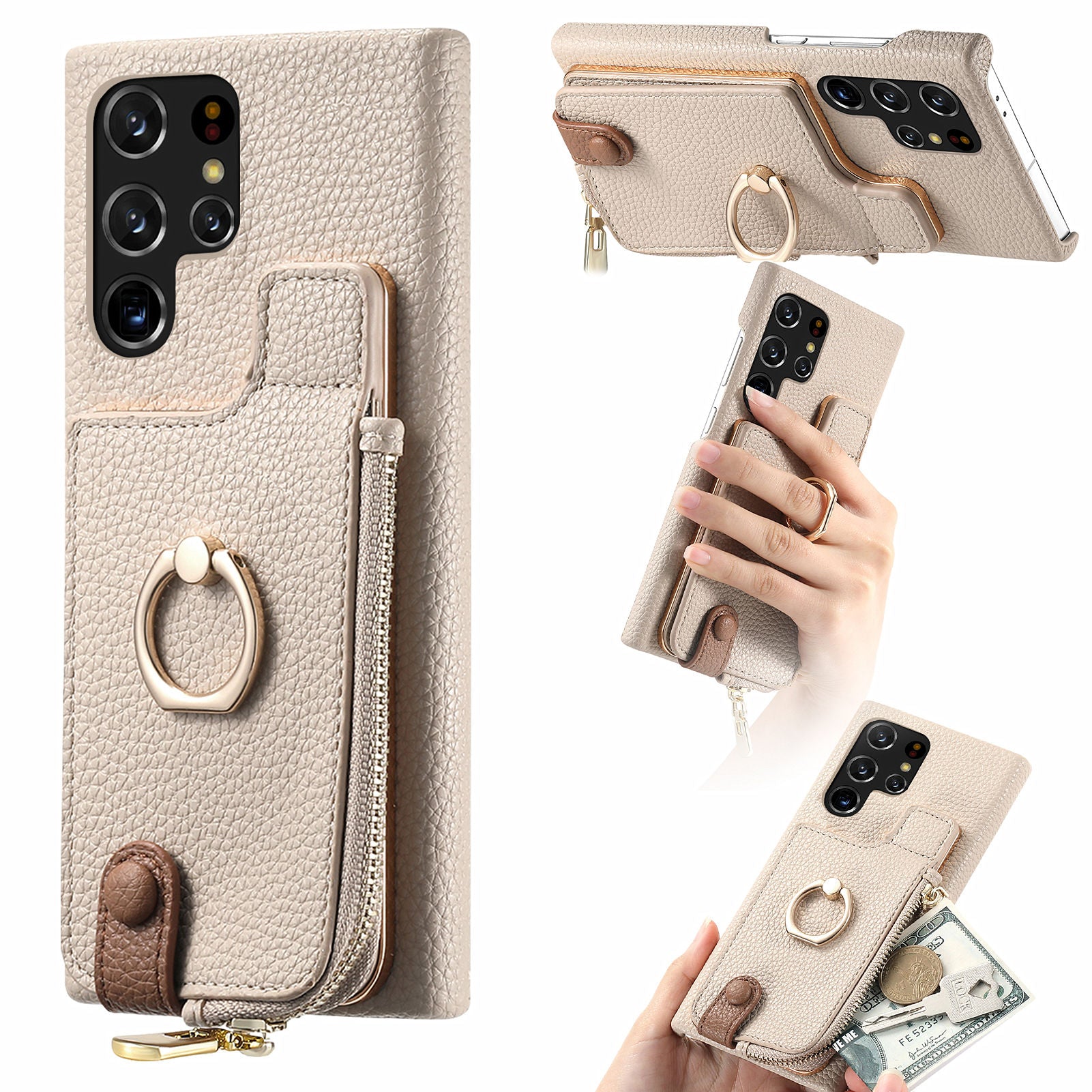 Y3 for Samsung Galaxy S22 Ultra 5G RFID Blocking Case Ring Kickstand Leather Phone Cover with Zipper Pocket