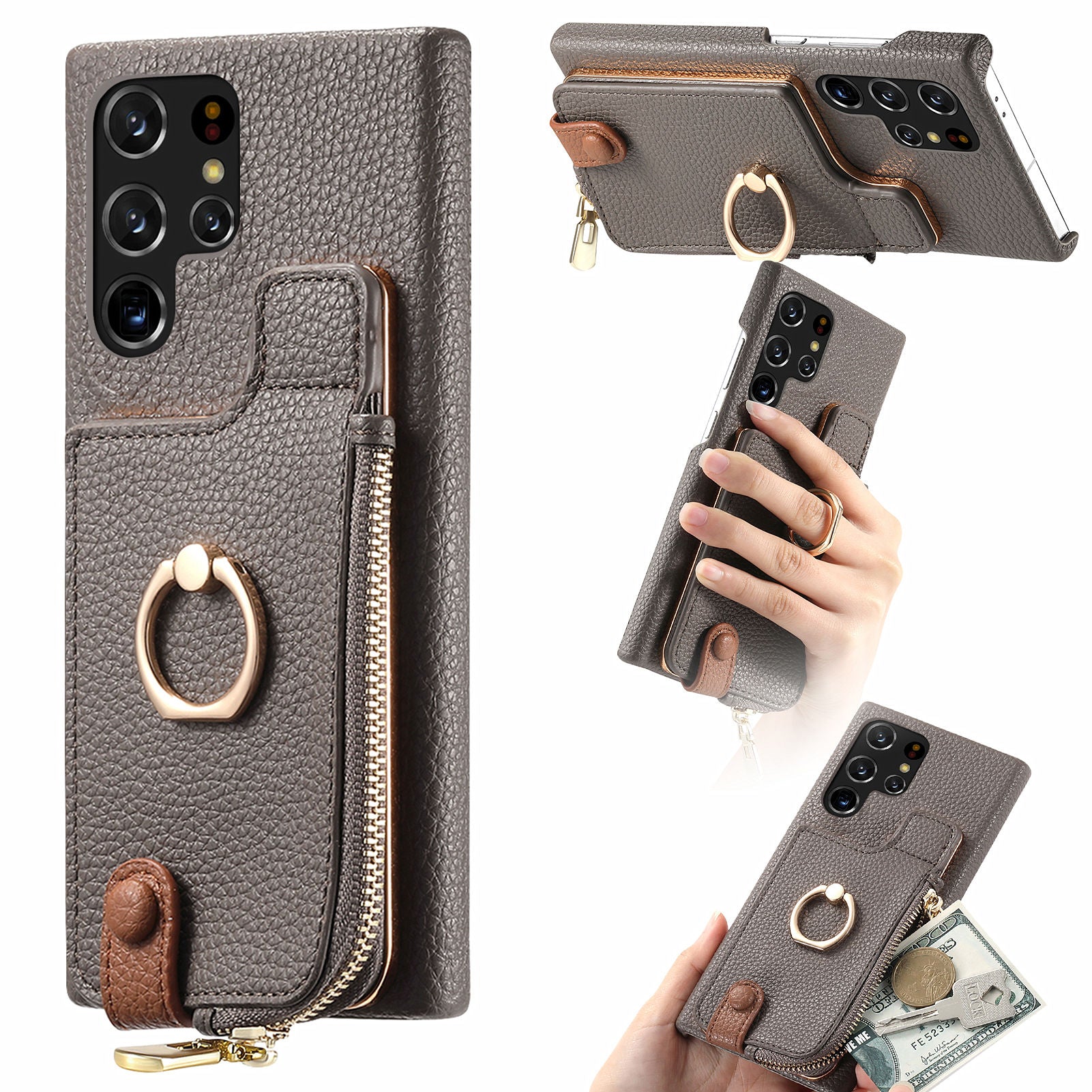 Y3 for Samsung Galaxy S22 Ultra 5G RFID Blocking Case Ring Kickstand Leather Phone Cover with Zipper Pocket