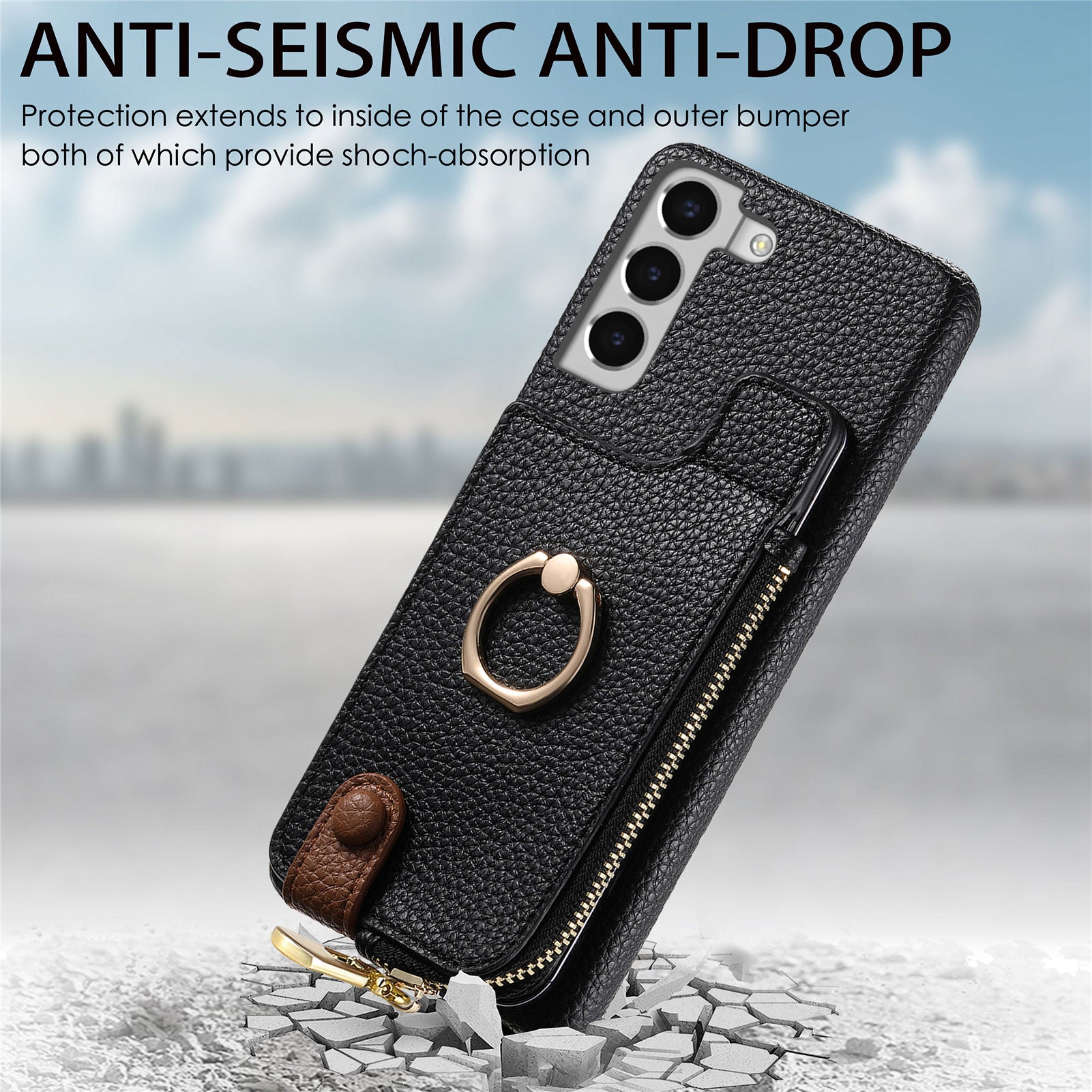Y3 For Samsung Galaxy S22+ 5G Case Zipper Wallet RFID Blocking Phone Cover with Ring Kickstand