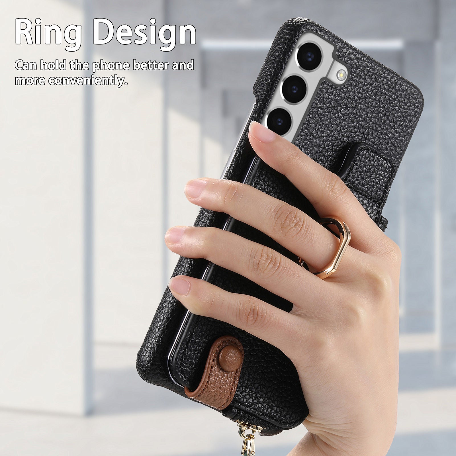 Y3 For Samsung Galaxy S22+ 5G Case Zipper Wallet RFID Blocking Phone Cover with Ring Kickstand