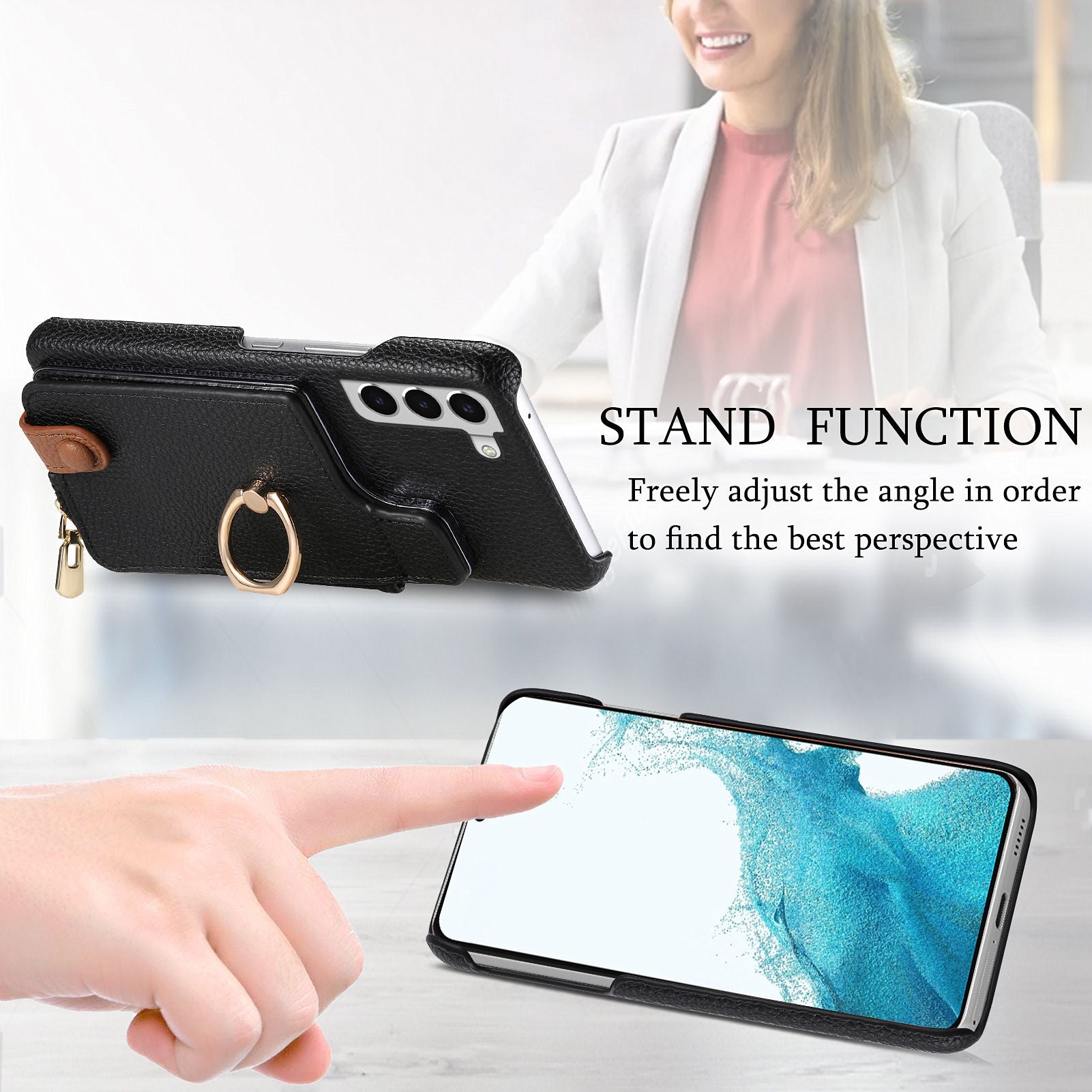 Y3 For Samsung Galaxy S22+ 5G Case Zipper Wallet RFID Blocking Phone Cover with Ring Kickstand
