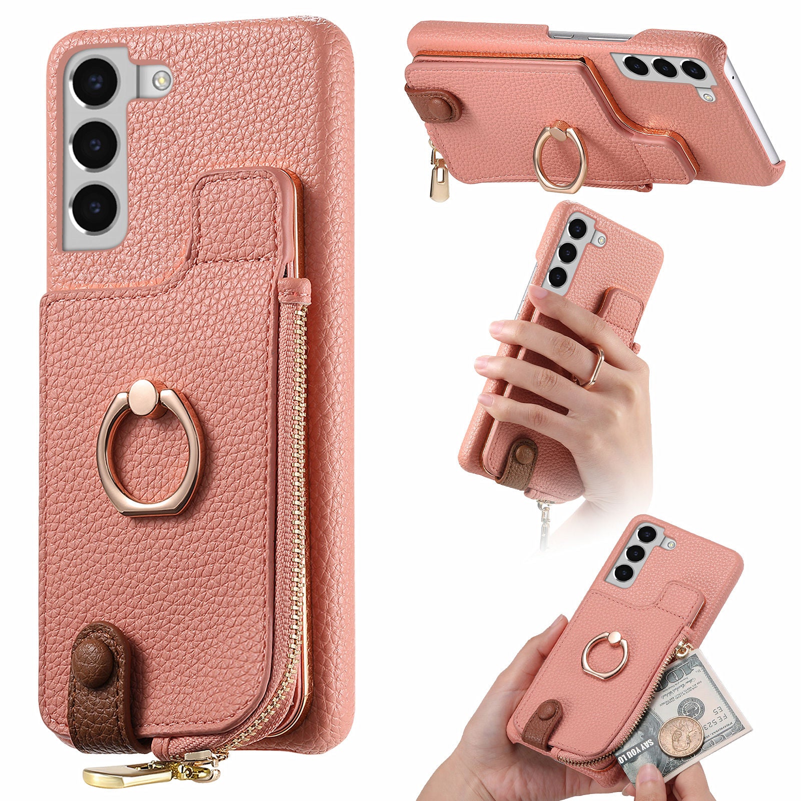 Y3 For Samsung Galaxy S22+ 5G Case Zipper Wallet RFID Blocking Phone Cover with Ring Kickstand