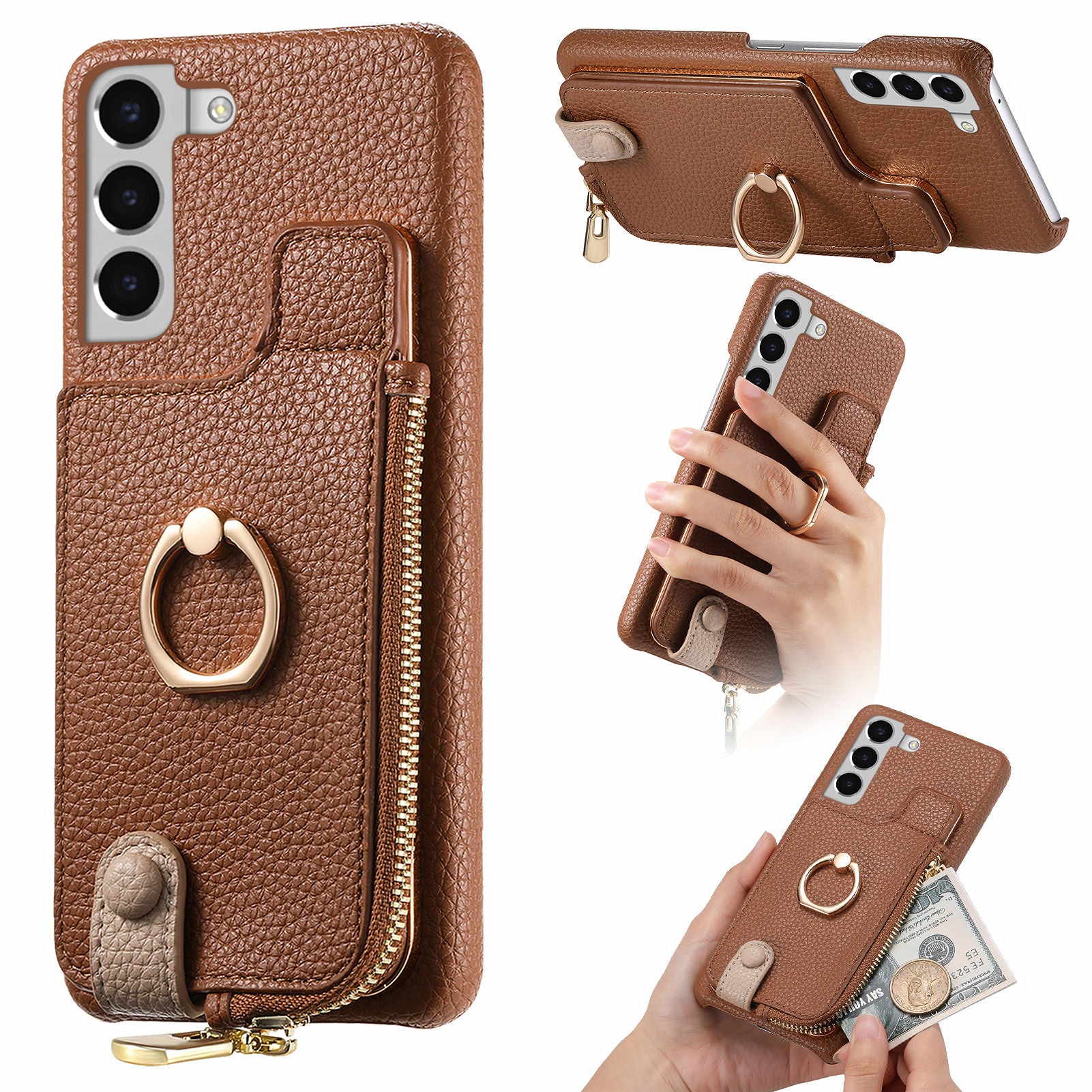 Y3 For Samsung Galaxy S22+ 5G Case Zipper Wallet RFID Blocking Phone Cover with Ring Kickstand