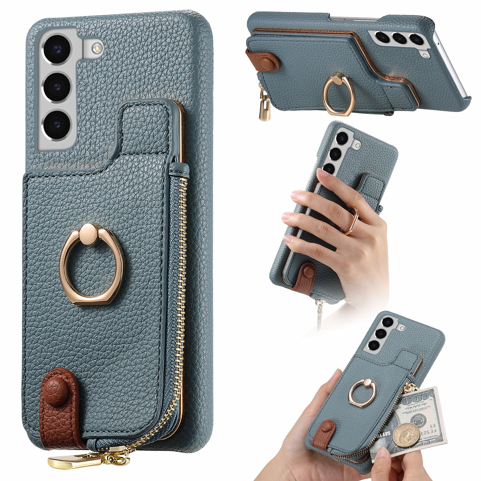 Y3 For Samsung Galaxy S22+ 5G Case Zipper Wallet RFID Blocking Phone Cover with Ring Kickstand