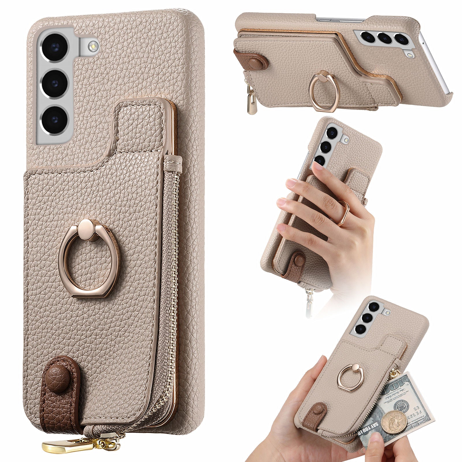 Y3 For Samsung Galaxy S22+ 5G Case Zipper Wallet RFID Blocking Phone Cover with Ring Kickstand
