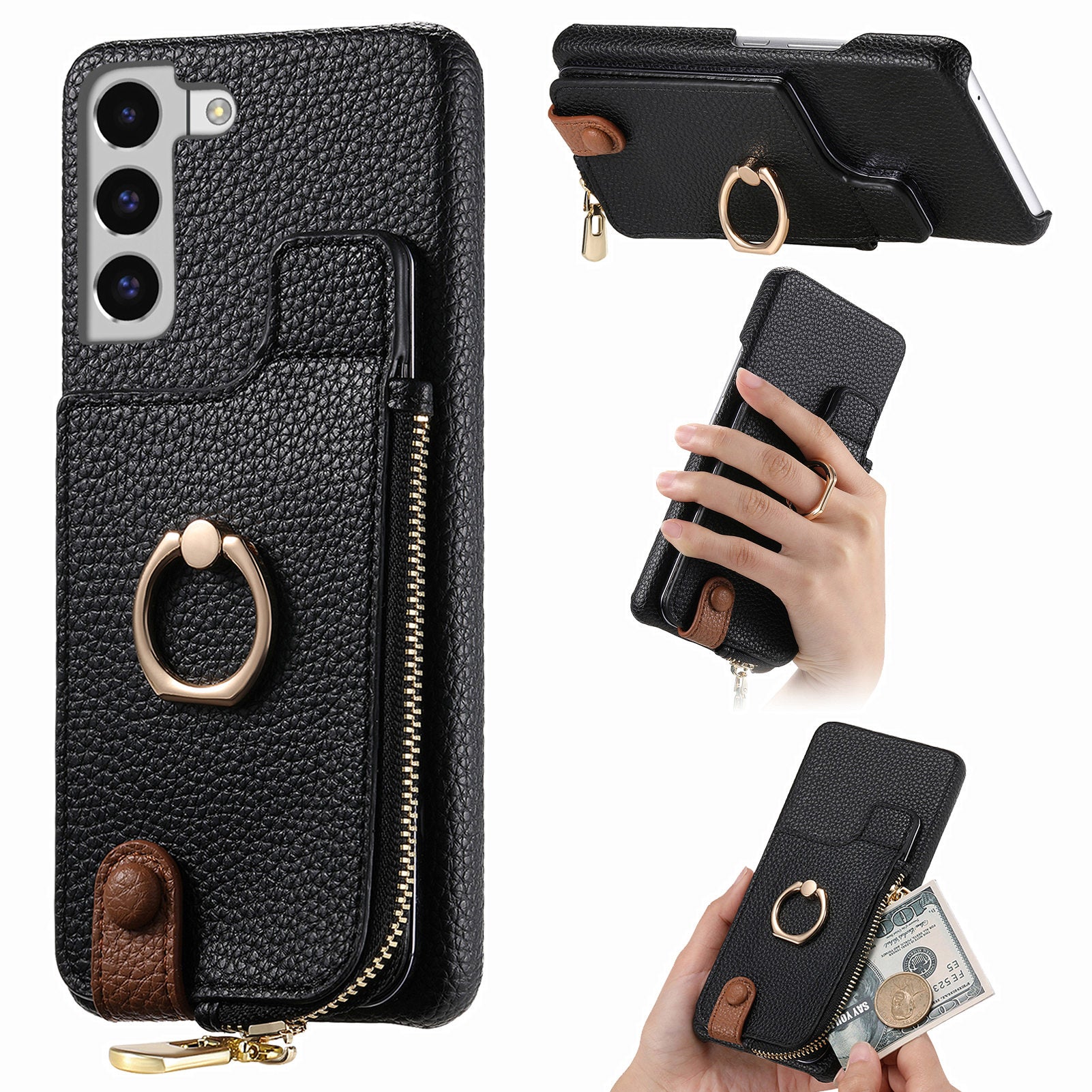 Y3 for Samsung Galaxy S22 5G Cell Phone Case PU Leather Coated TPU Cover with Card Slots Ring Holder