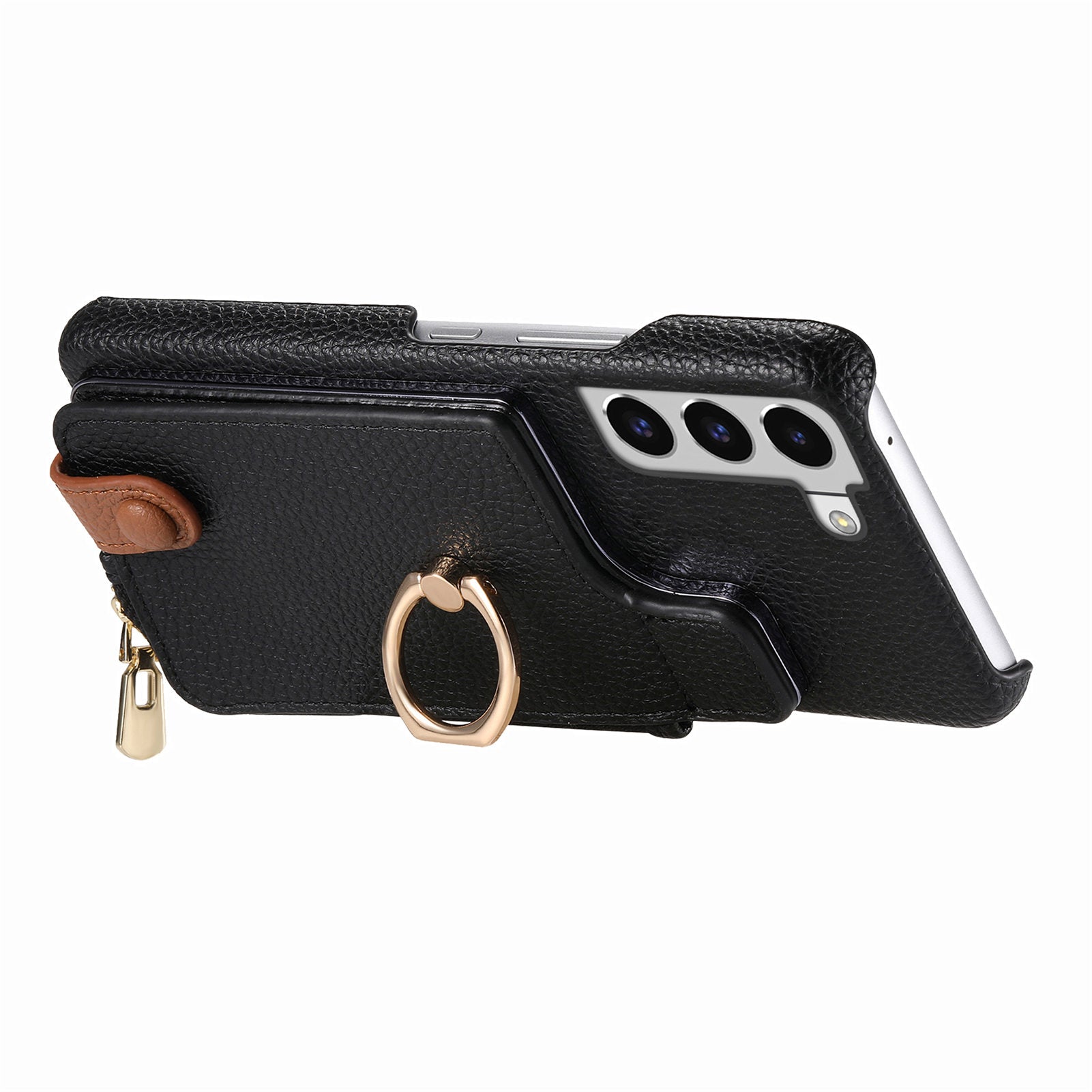 Y3 for Samsung Galaxy S22 5G Cell Phone Case PU Leather Coated TPU Cover with Card Slots Ring Holder