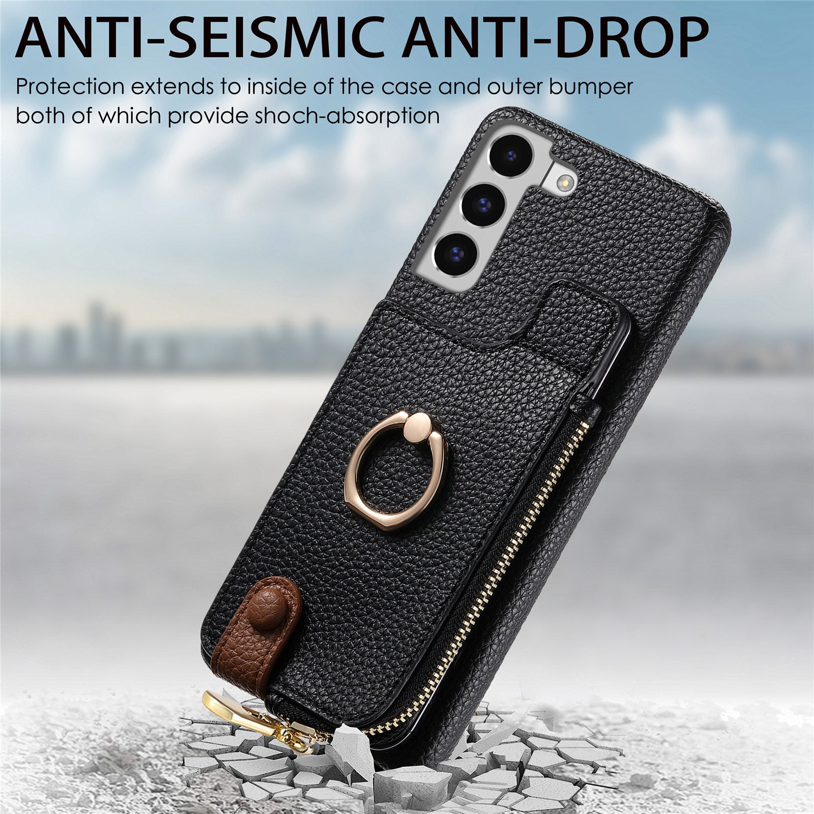 Y3 for Samsung Galaxy S22 5G Cell Phone Case PU Leather Coated TPU Cover with Card Slots Ring Holder