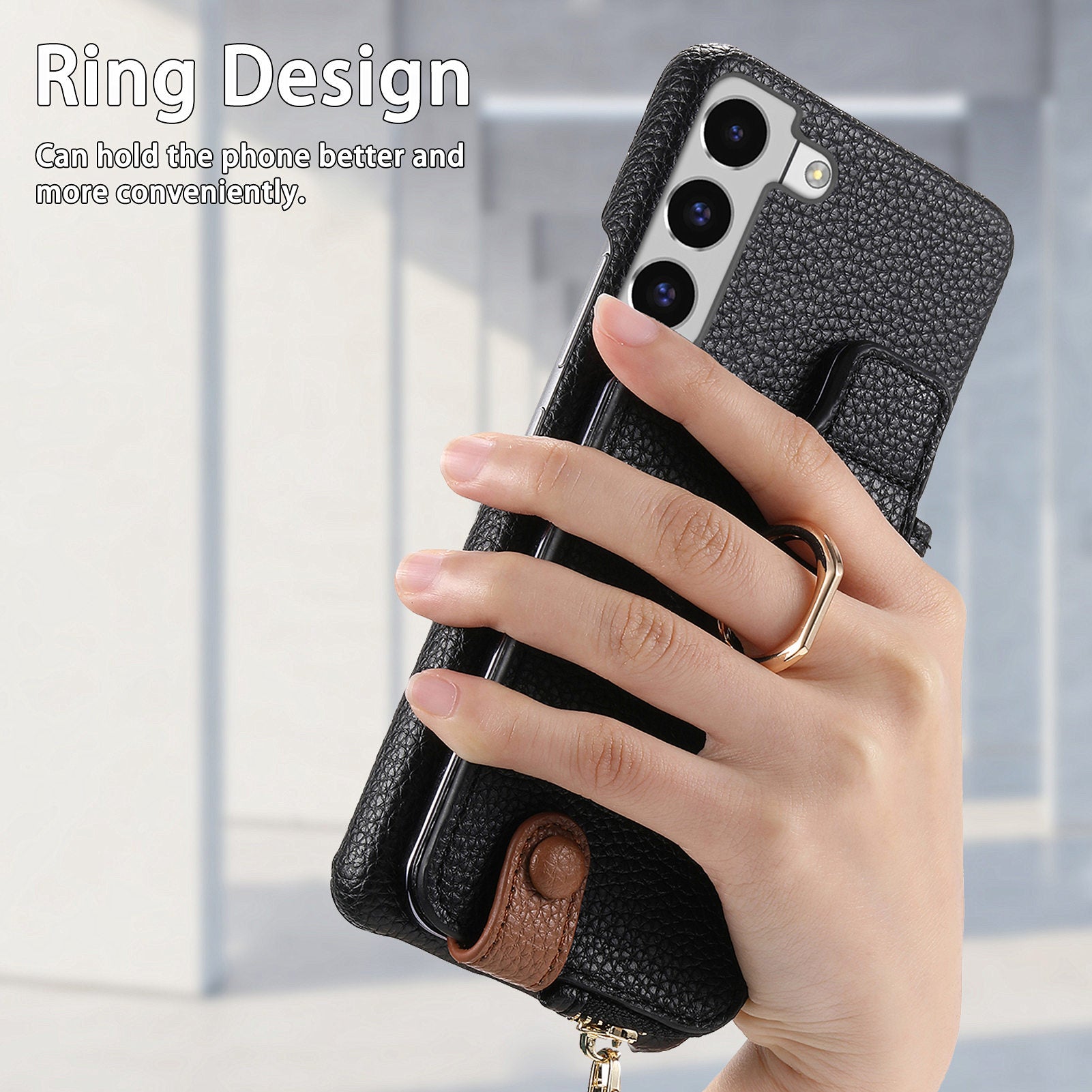 Y3 for Samsung Galaxy S22 5G Cell Phone Case PU Leather Coated TPU Cover with Card Slots Ring Holder