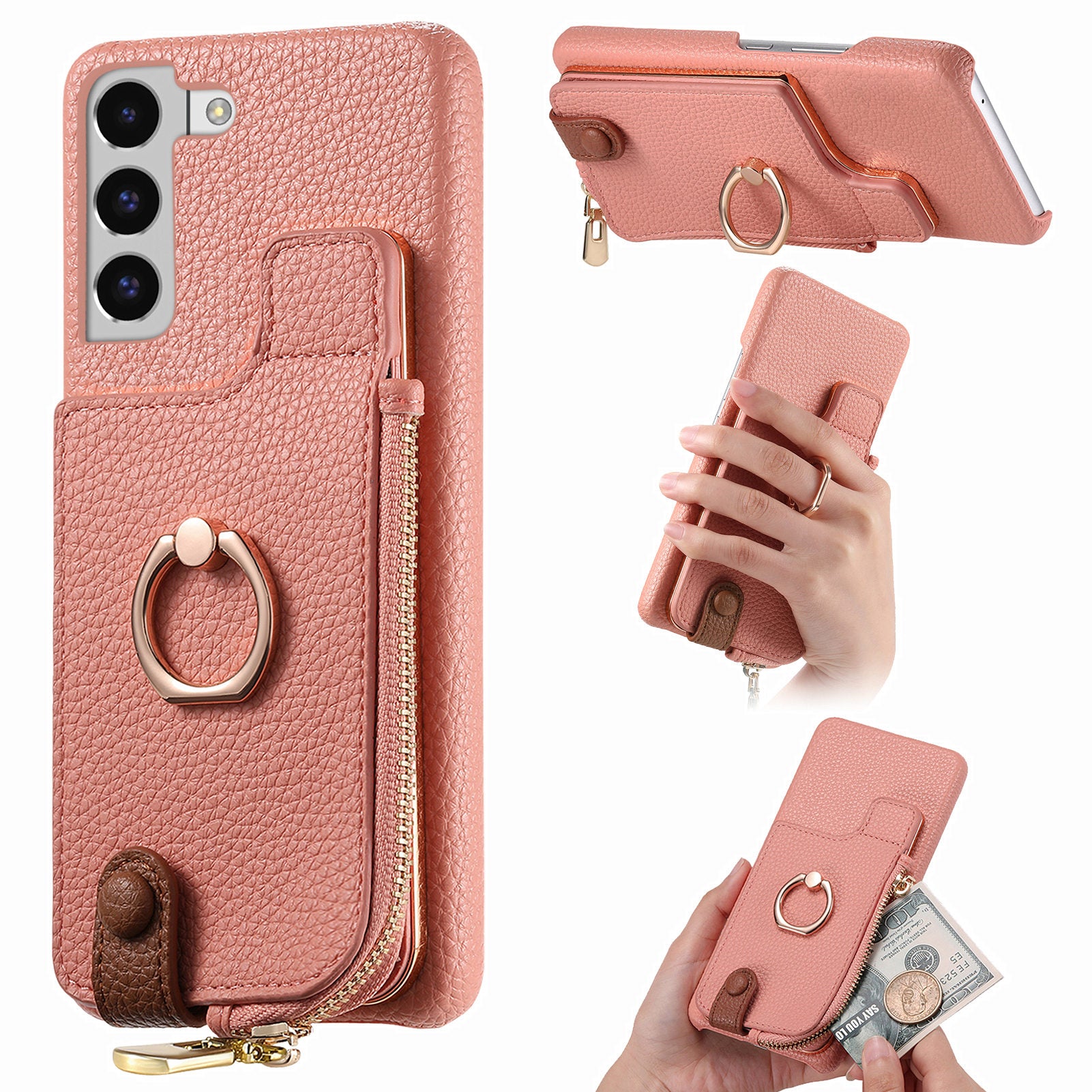Y3 for Samsung Galaxy S22 5G Cell Phone Case PU Leather Coated TPU Cover with Card Slots Ring Holder