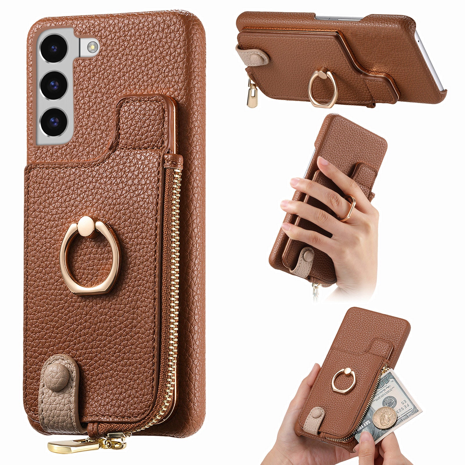 Y3 for Samsung Galaxy S22 5G Cell Phone Case PU Leather Coated TPU Cover with Card Slots Ring Holder