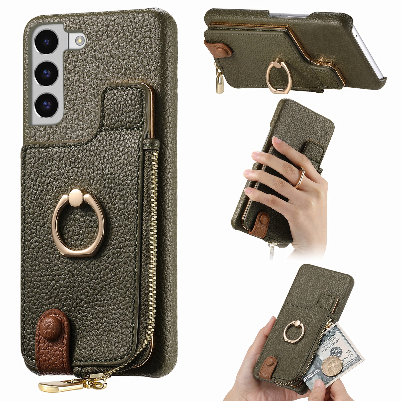 Y3 for Samsung Galaxy S22 5G Cell Phone Case PU Leather Coated TPU Cover with Card Slots Ring Holder