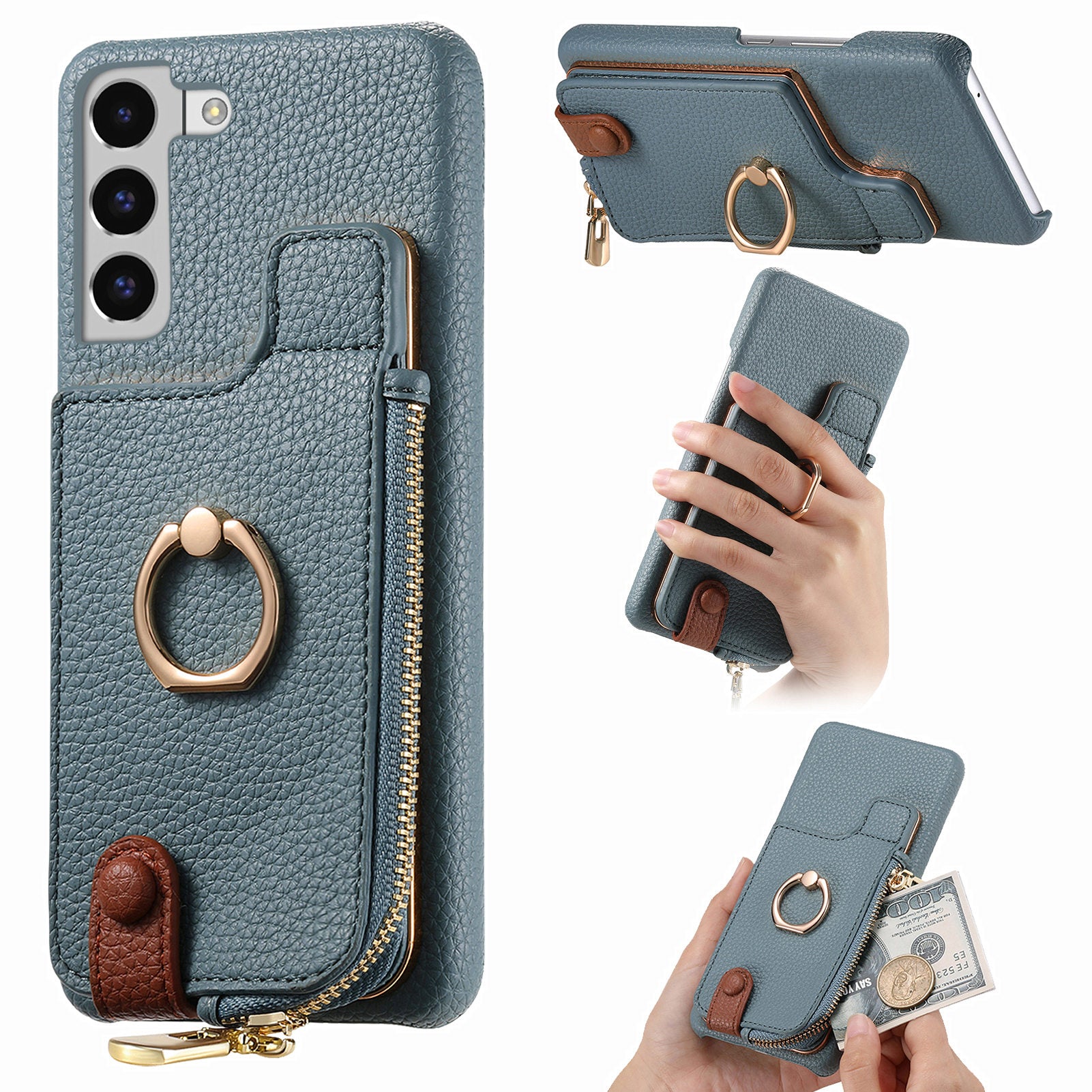 Y3 for Samsung Galaxy S22 5G Cell Phone Case PU Leather Coated TPU Cover with Card Slots Ring Holder