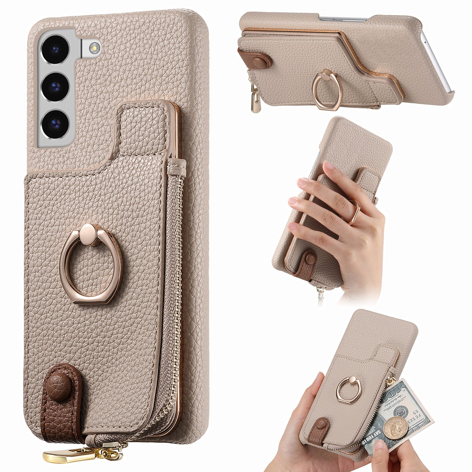Y3 for Samsung Galaxy S22 5G Cell Phone Case PU Leather Coated TPU Cover with Card Slots Ring Holder