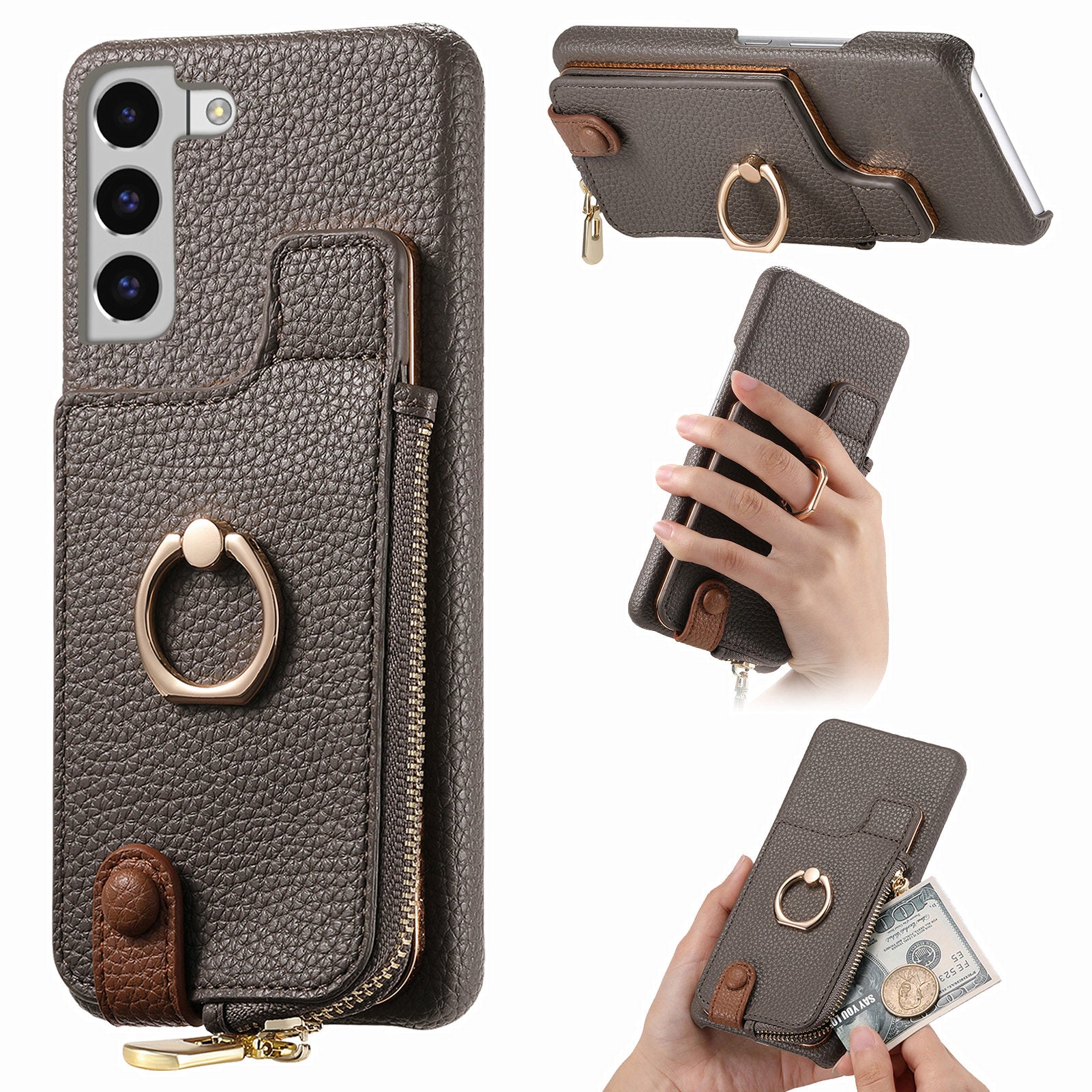 Y3 for Samsung Galaxy S22 5G Cell Phone Case PU Leather Coated TPU Cover with Card Slots Ring Holder