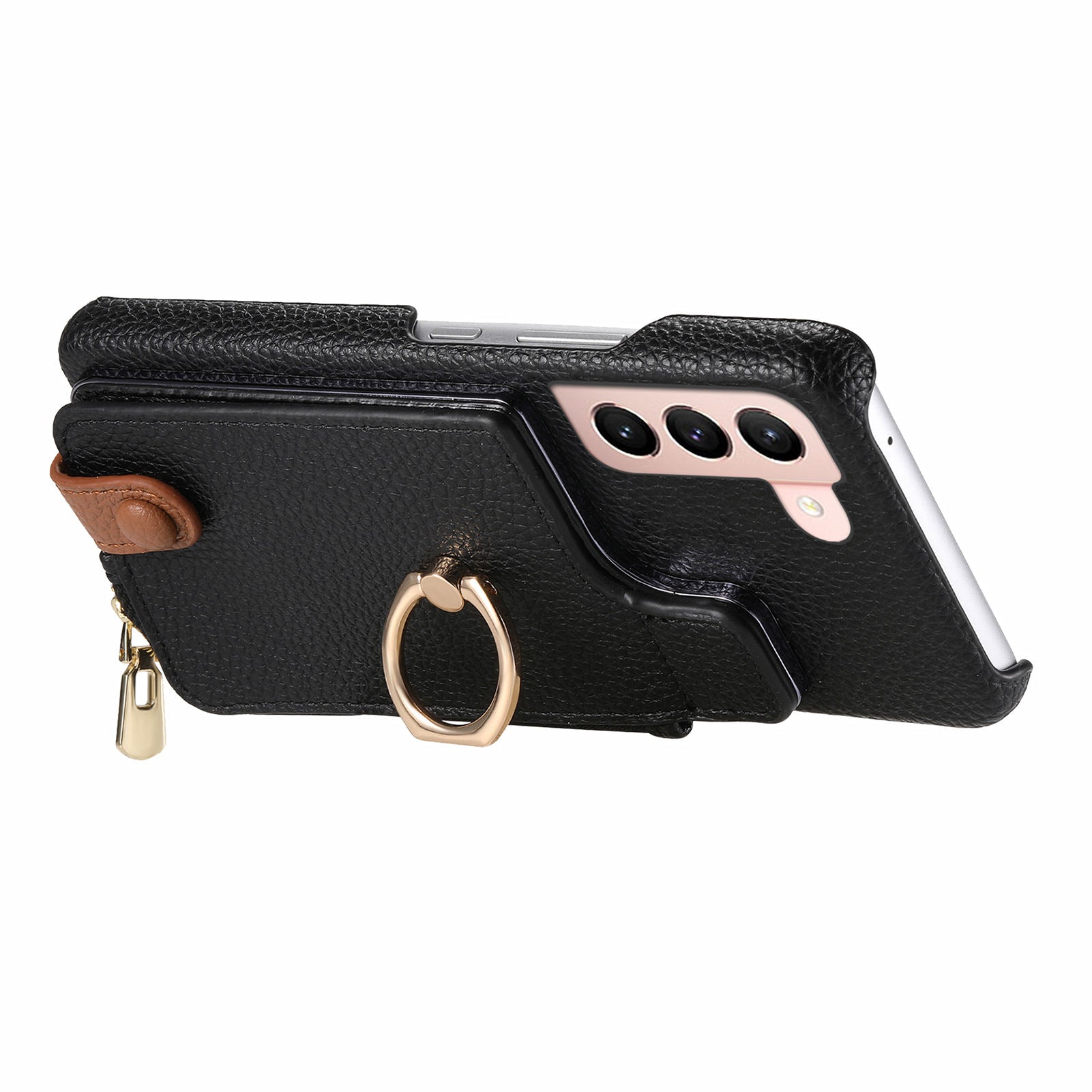 Y3 for Samsung Galaxy S21 5G / S21 4G Phone Case Shockproof Ring Kickstand Zipper Purse Cover