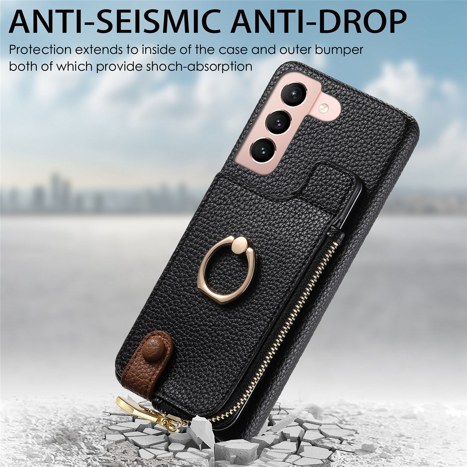 Y3 for Samsung Galaxy S21 5G / S21 4G Phone Case Shockproof Ring Kickstand Zipper Purse Cover