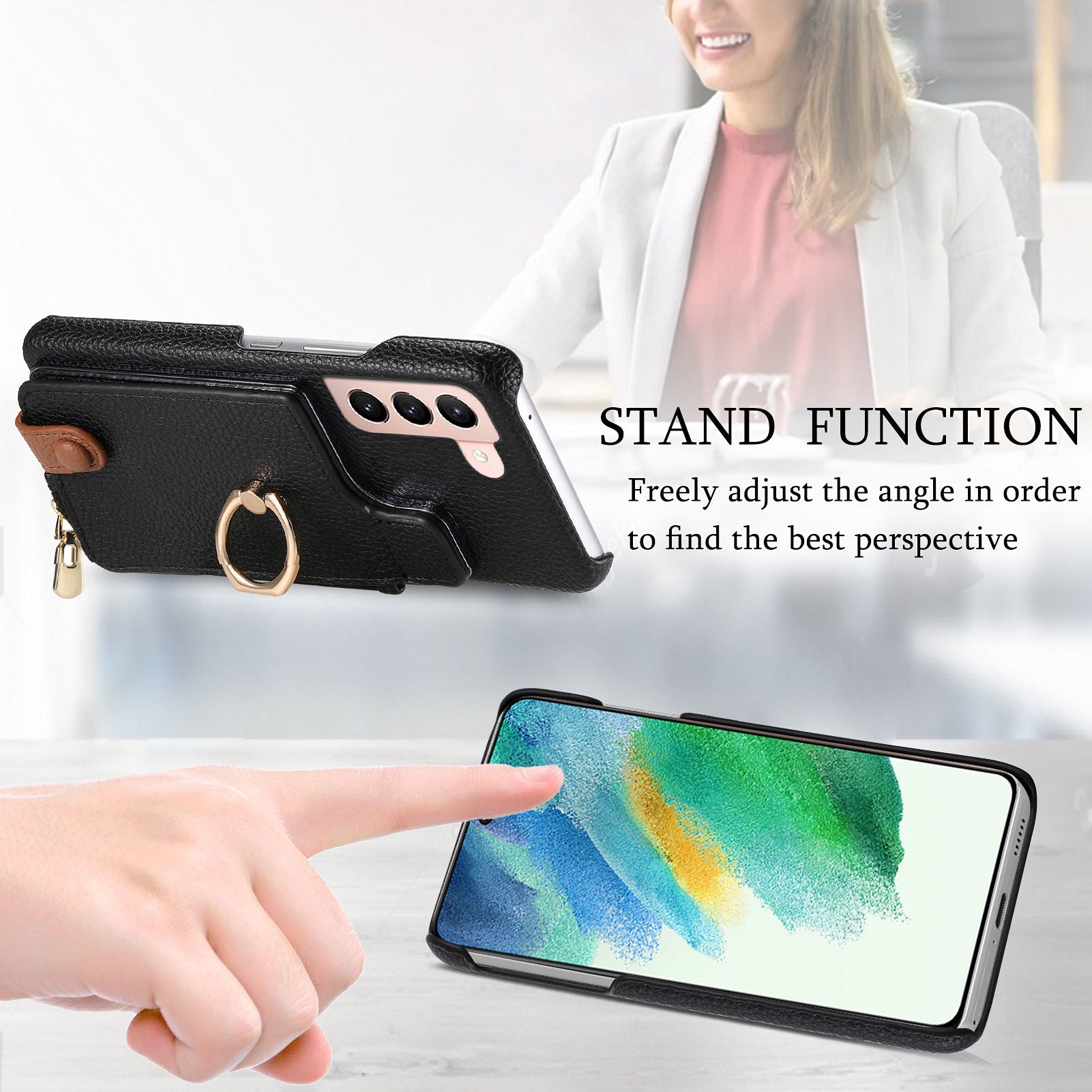 Y3 for Samsung Galaxy S21 5G / S21 4G Phone Case Shockproof Ring Kickstand Zipper Purse Cover