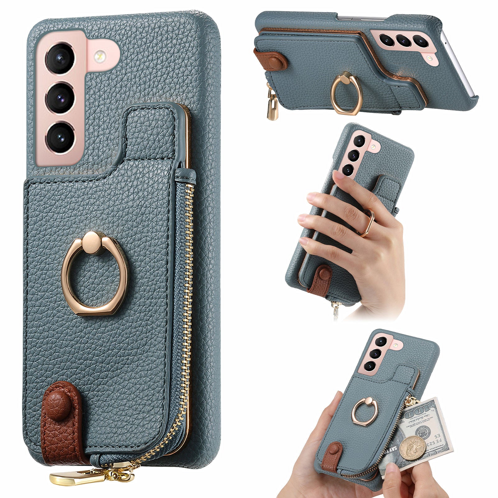 Y3 for Samsung Galaxy S21 5G / S21 4G Phone Case Shockproof Ring Kickstand Zipper Purse Cover